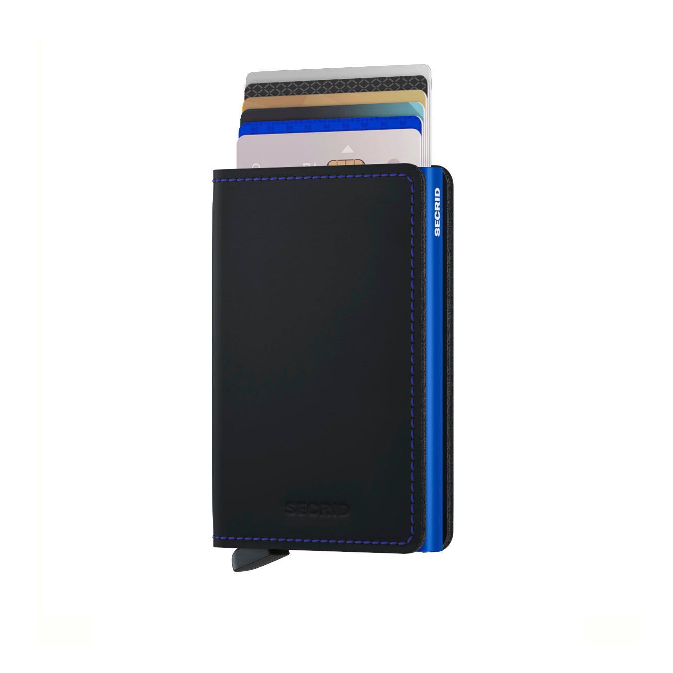 Secrid Slimwallet Matte│at. SM-BLACK&BLUE│Pasjeshouder│vooraanzicht met uitgeschoven pasjes