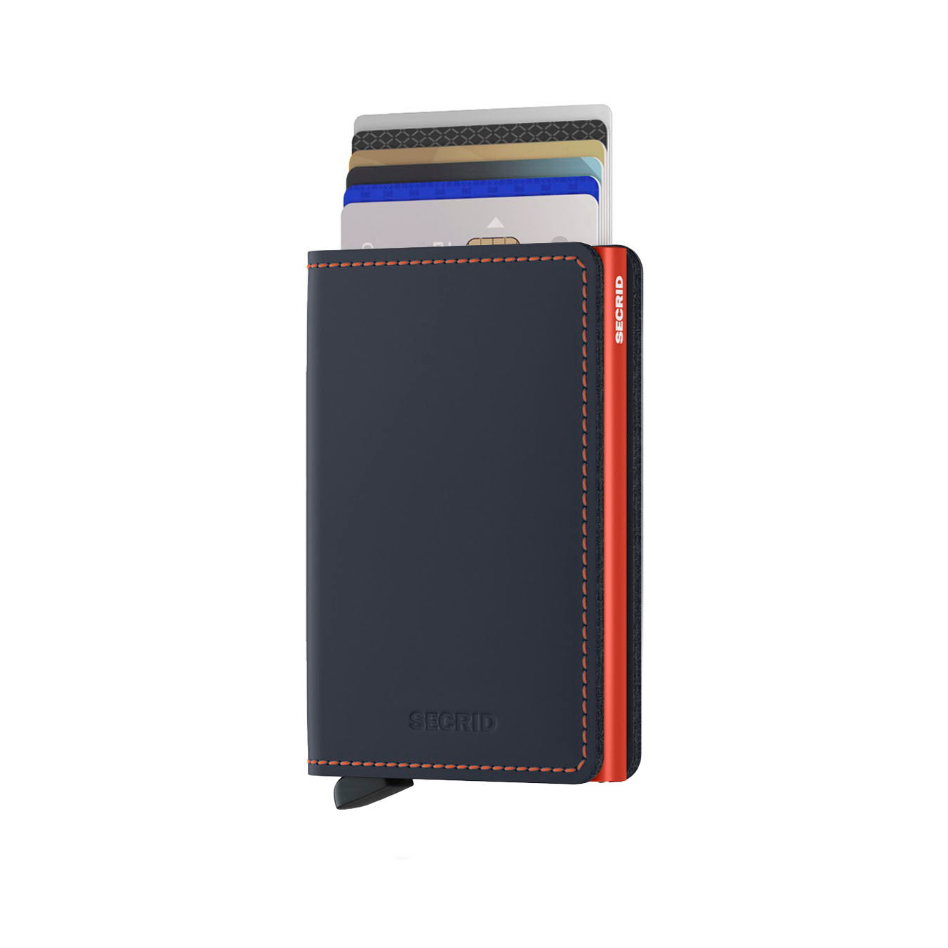 Secrid Slimwallet Matte│art. SM-NIGHTBLUE&ORANGE│Pasjeshouder│vooraanzicht met uitgeschoven pasjes