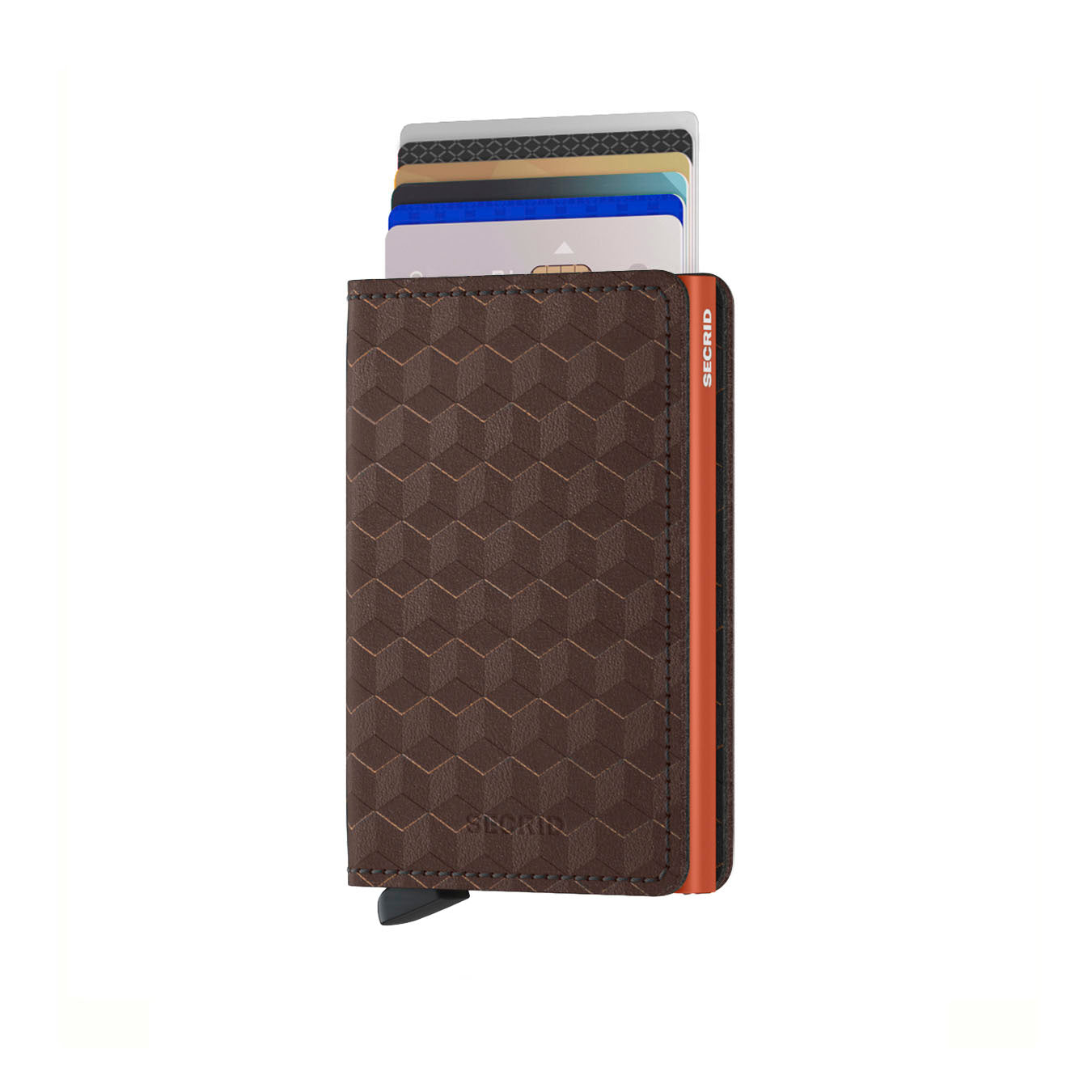 Secrid Slimwallet Optical│art. SOP-BROWN-ORANGE│Pasjeshouder│vooraanzicht met uitgeschoven pasjes