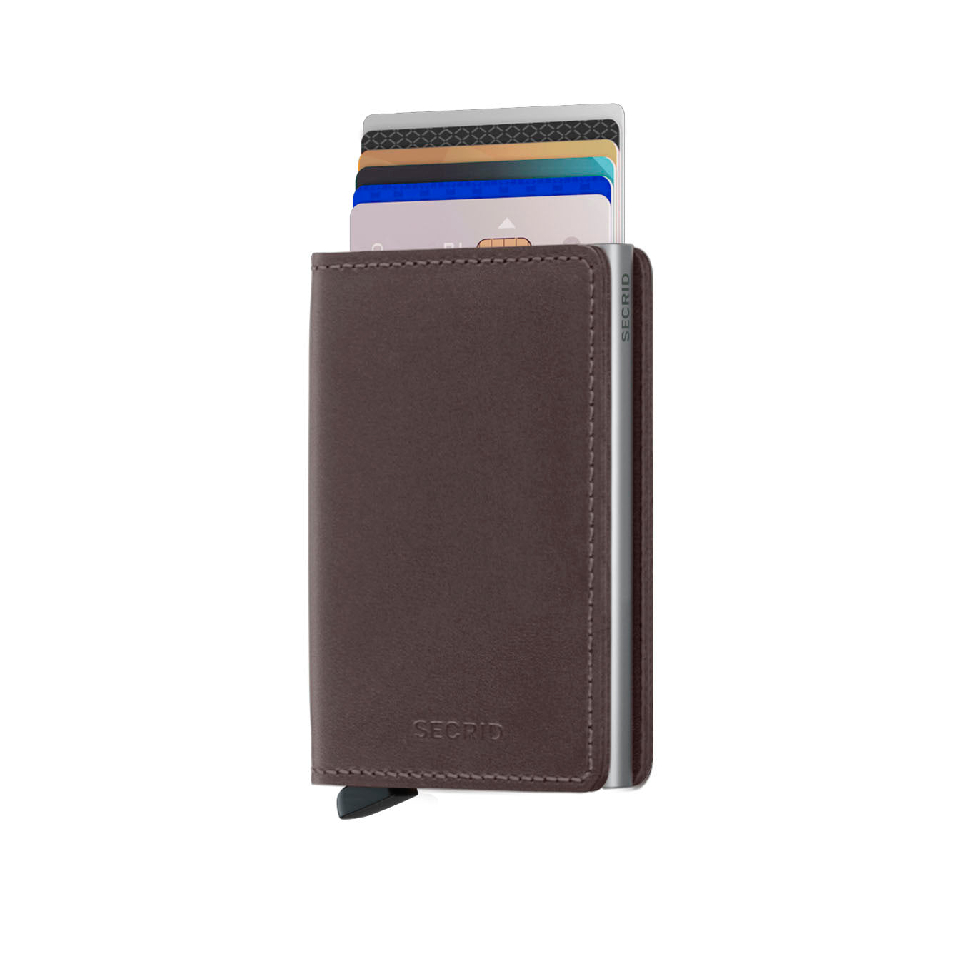 Secrid Slimwallet Original│art. SO-DARK-BROWN│Pasjeshouder│vooraanzicht met uitgeschoven pasjes