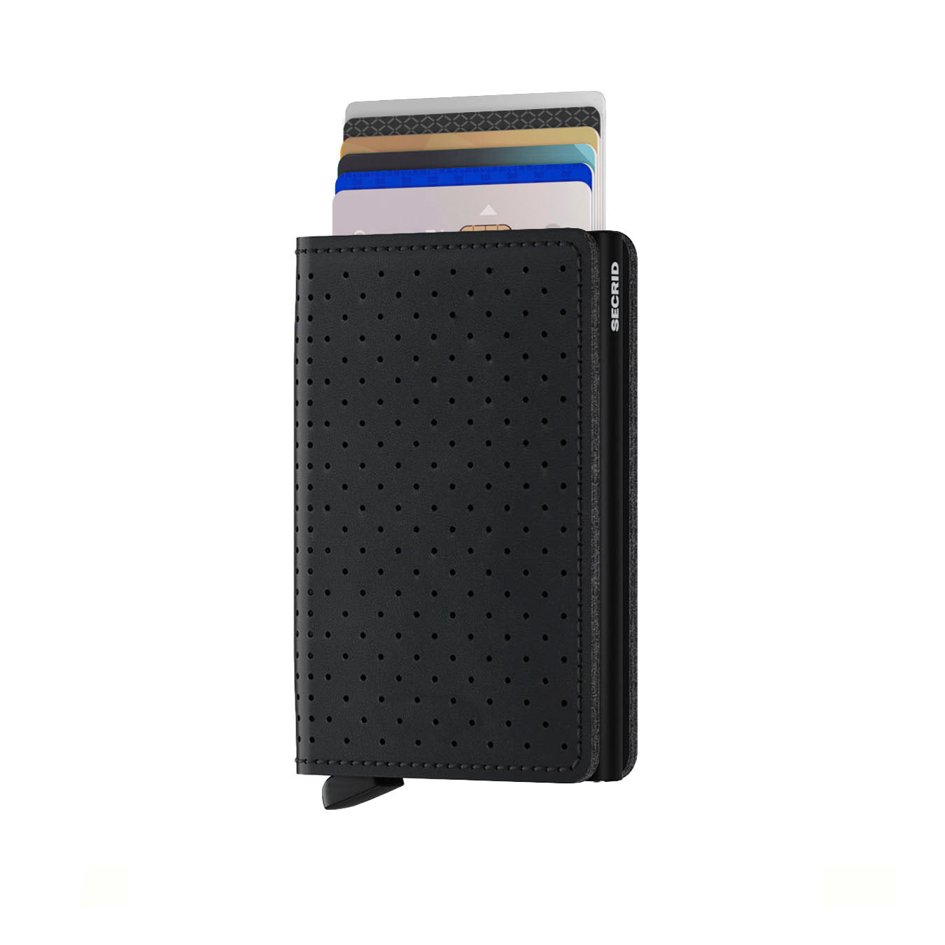 Secrid Slimwallet Perforated│art. SPF-BLACK│Pasjeshouder│vooraanzicht met uitgeschoven pasjes