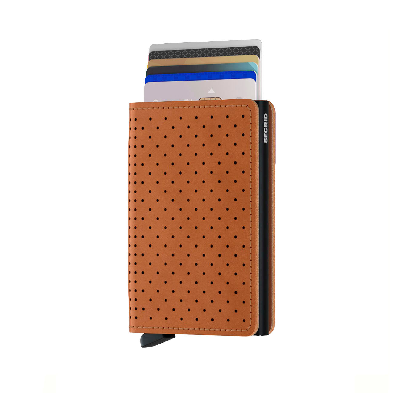 Secrid Slimwallet Perforated│art. SPF-COGNAC│Pasjeshouder│vooraanzicht met uitgeschoven pasjes