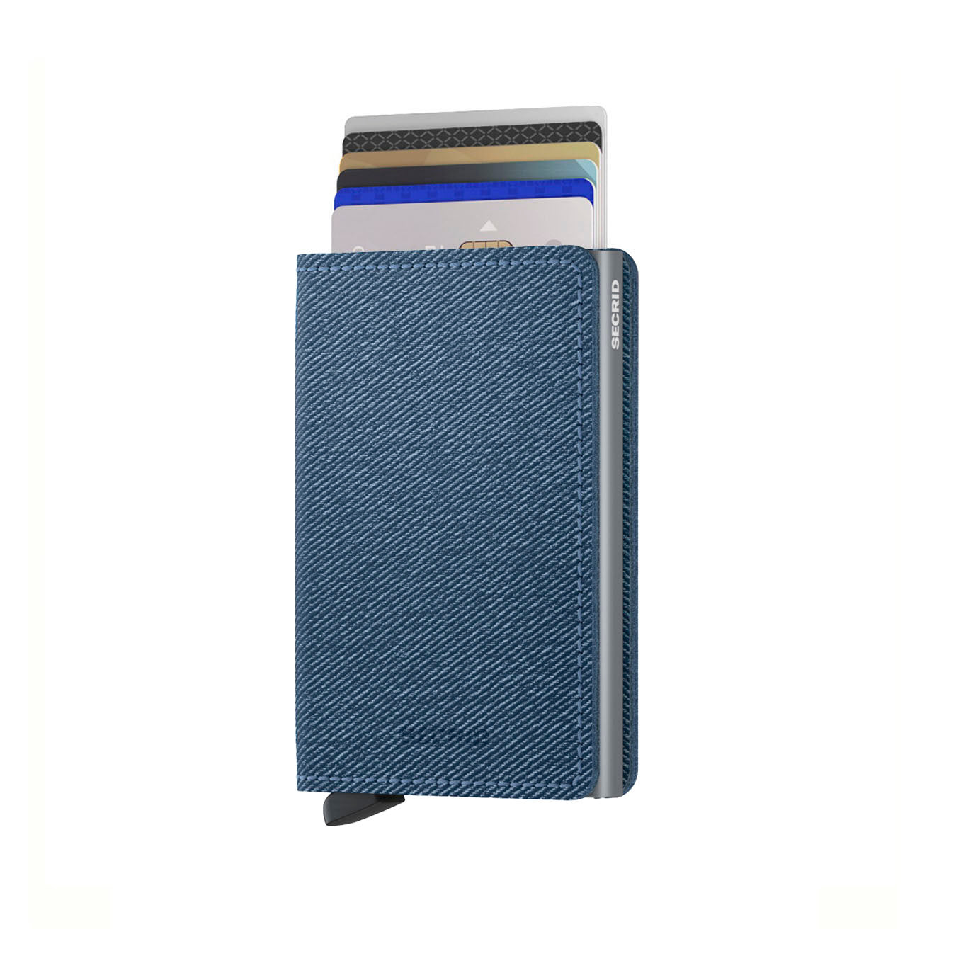 Secrid Slimwallet Twist│art. STW-JEANS-BLUE│Pasjeshouder│vooraanzicht met uitgeschoven pasjes