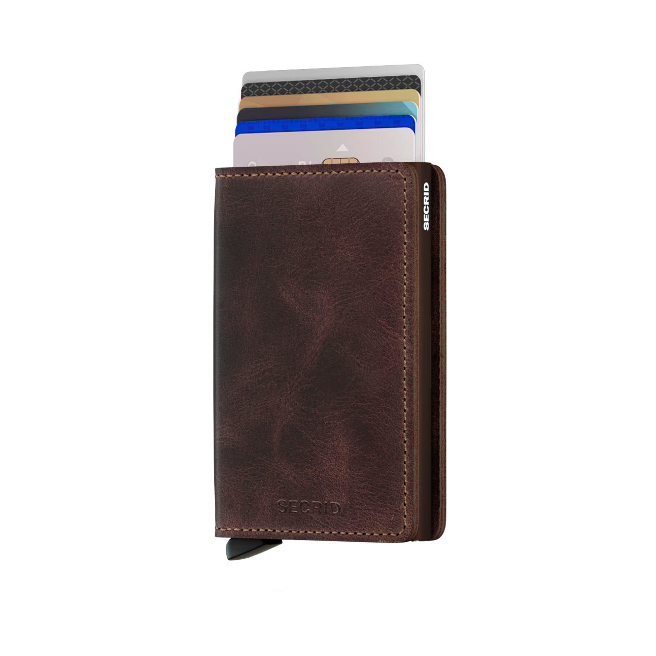 Secrid Slimwallet Vintage│art. SV-CHOCOLAT│Pasjeshouder│vooraanzicht met uitgeschoven pasjes