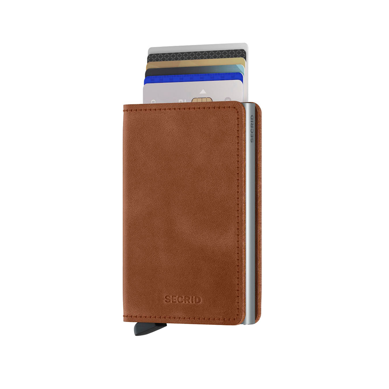 Secrid Slimwallet Vintage│Pasjeshouder│art. SV-COGNAC-SILVER│vooraanzicht met uitgeschoven pasjes