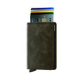 Secrid Slimwallet Vintage│art. SV-OLIVE-BLACK│Pasjeshouder│vooraanzicht met uitgeschoven pasjes