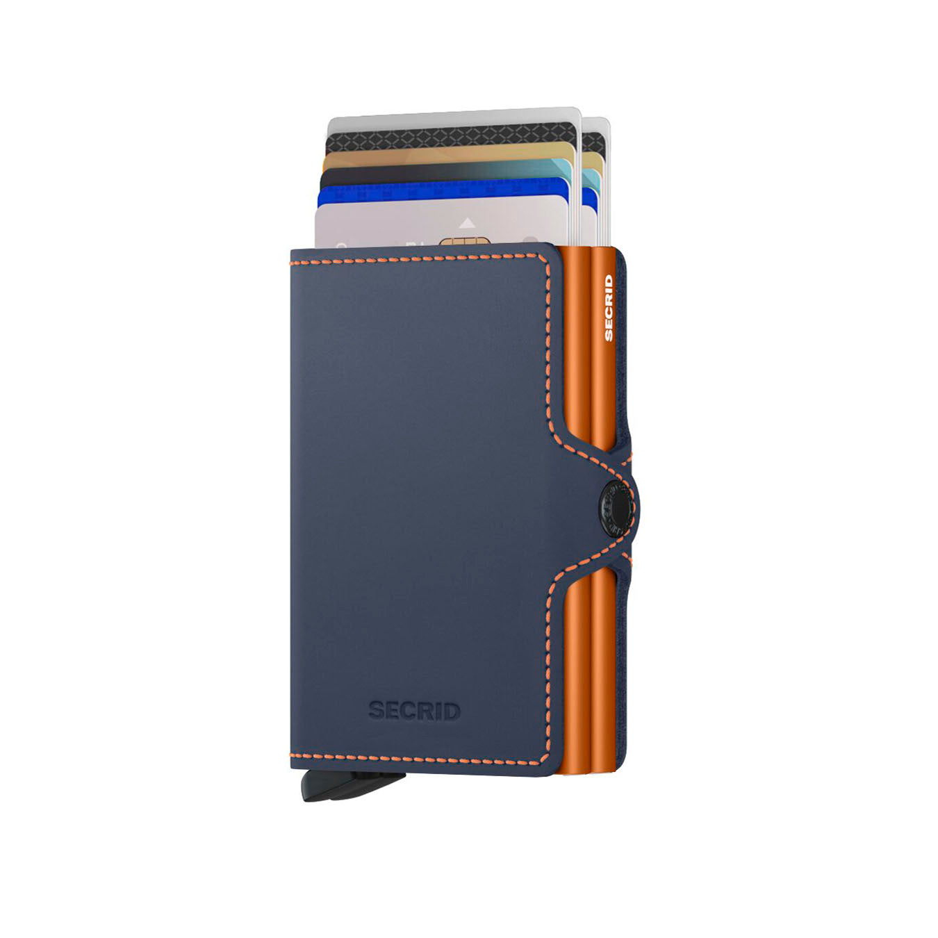 Secrid Twinwallet Matte│Pasjeshouder│art. TM-NIGHTBLUE&ORANGE│vooraanzicht met uitgeschoven pasjes