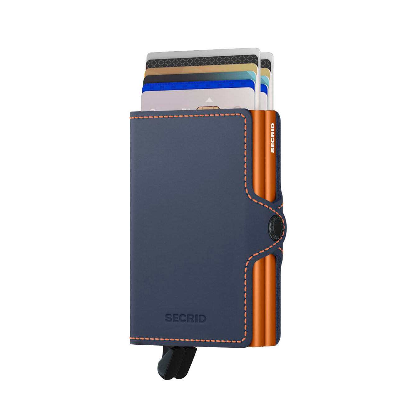 Secrid Twinwallet Matte│Pasjeshouder│art. TM-NIGHTBLUE&ORANGE│voorkant met uitgeschoven pasjes en clip