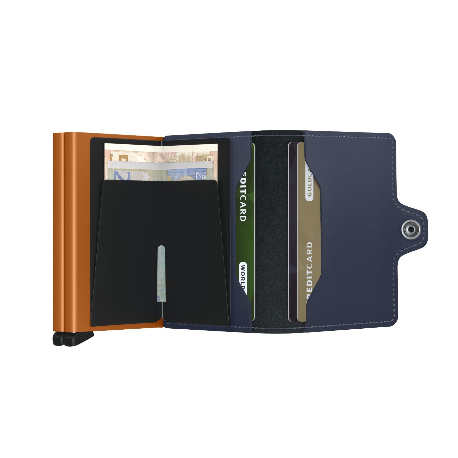 Secrid Twinwallet Matte│Pasjeshouder│art. TM-NIGHTBLUE&ORANGE│geopend met contant geld