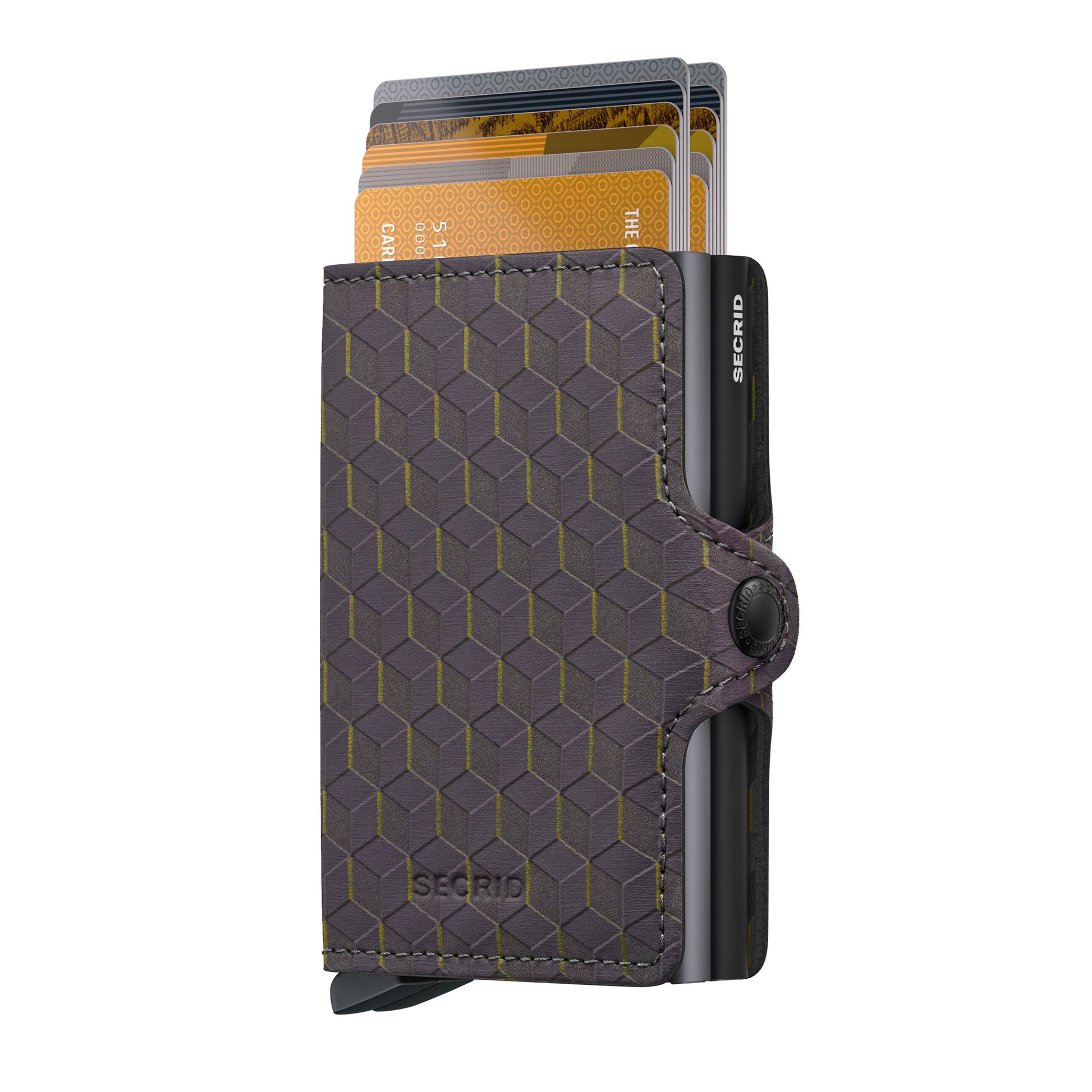 Secrid Twinwallet Optical│art. TOP-GREY-YELLOW│vooraanzicht met uitgeschoven kaarten