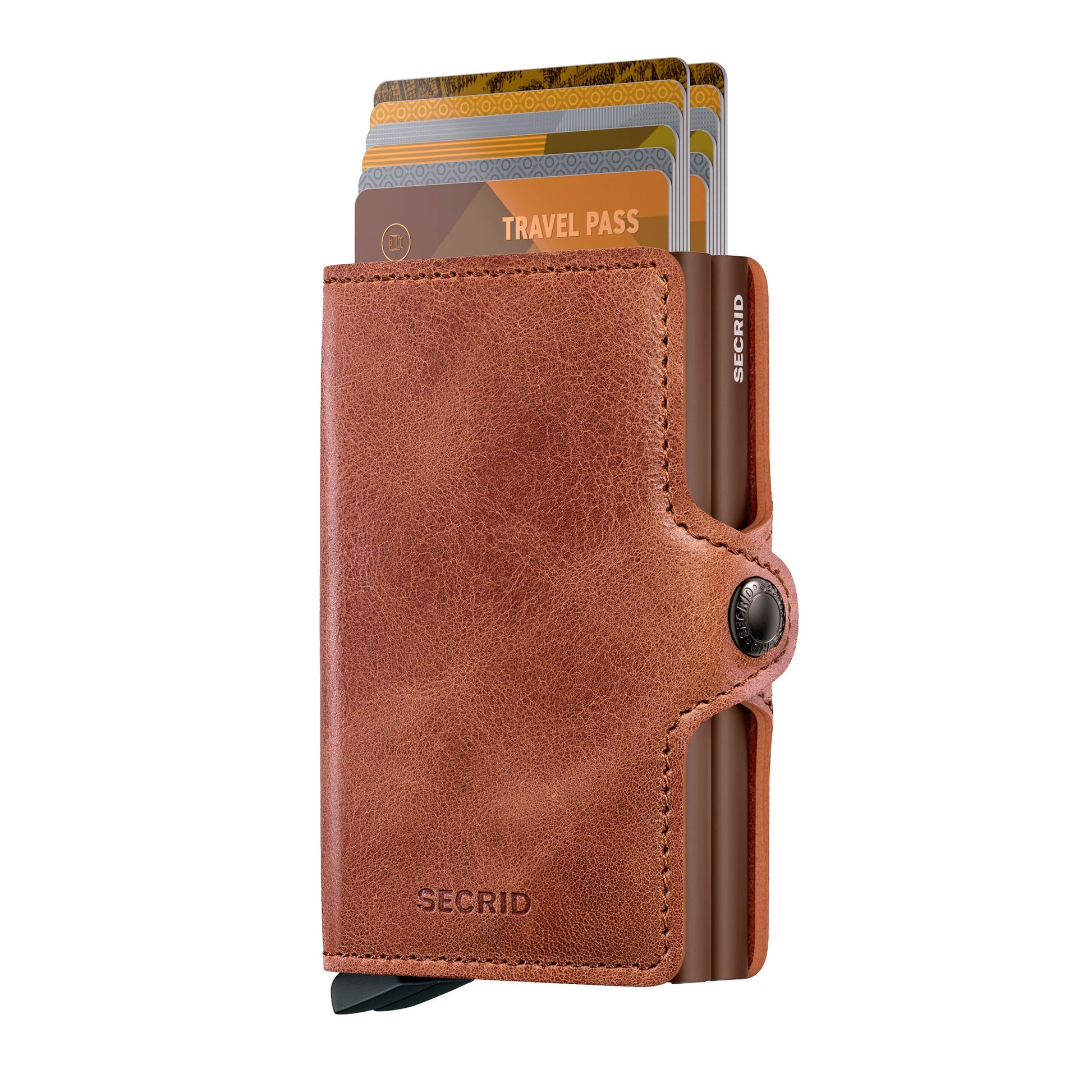Secrid Twinwallet Vintage│art. TV-COGNAC-BROWN│vooraanzicht met uitgeschoven pasjes