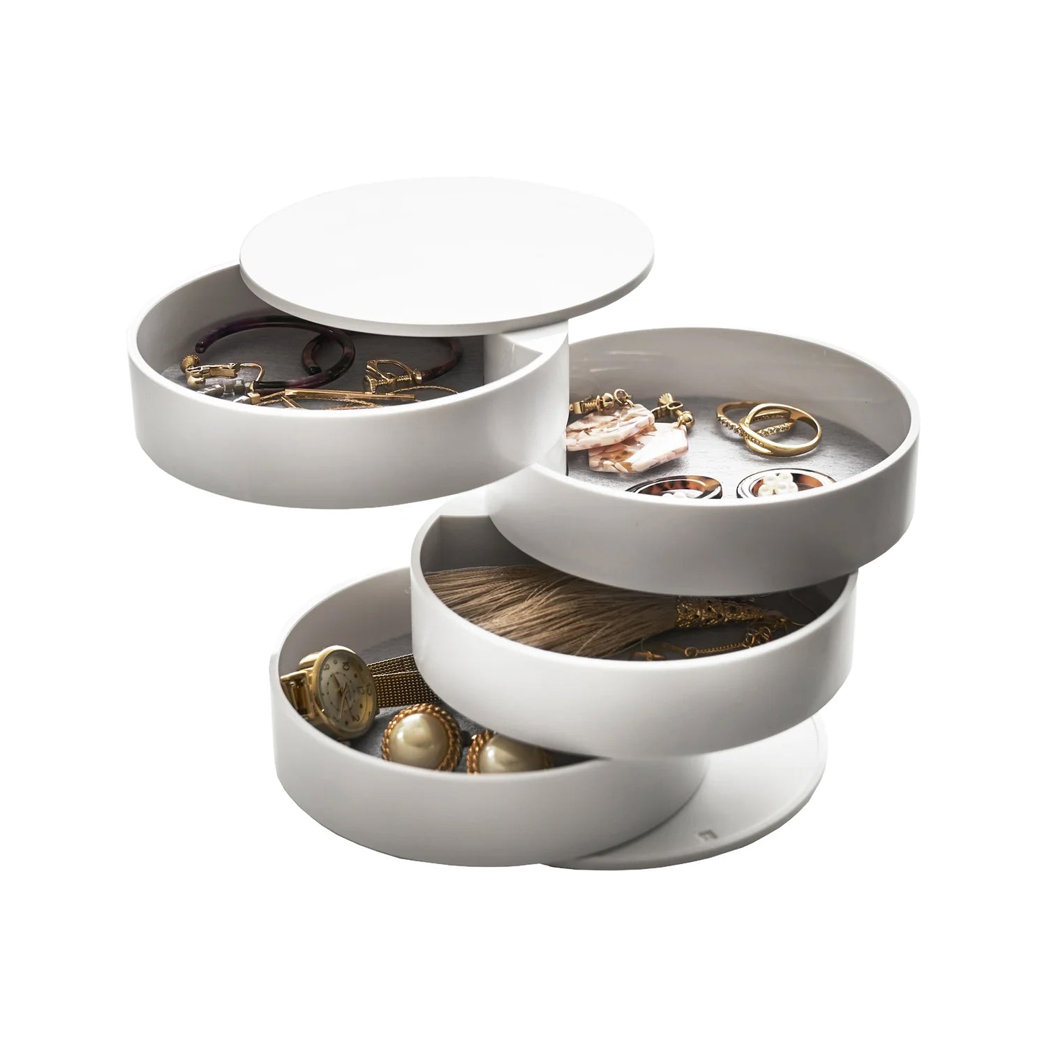 Sieradendoos Rond 4-Laags Wit Yamazaki│art. 04068│vooraanzicht geopend met sieraden