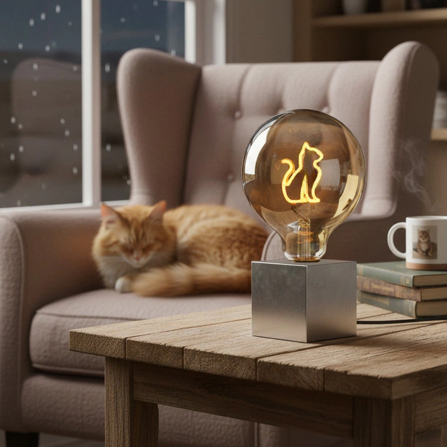 Sompex LED-Filament Lamp Small Kat│art. 625108│met licht aan en poes op achtergrond