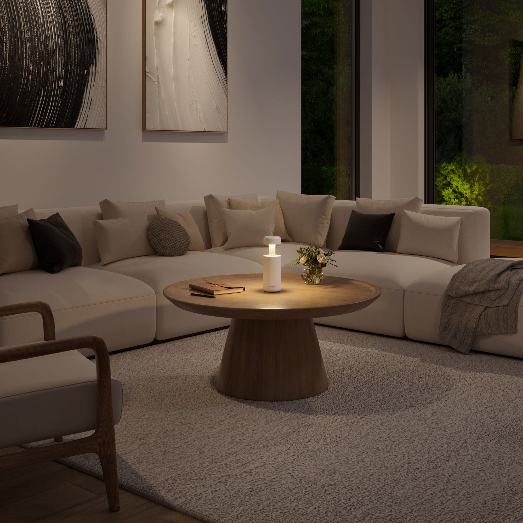 Sompex Lubao Sand│Oplaadbare Tafellamp│art. 78623│op houten salontafel met licht aan