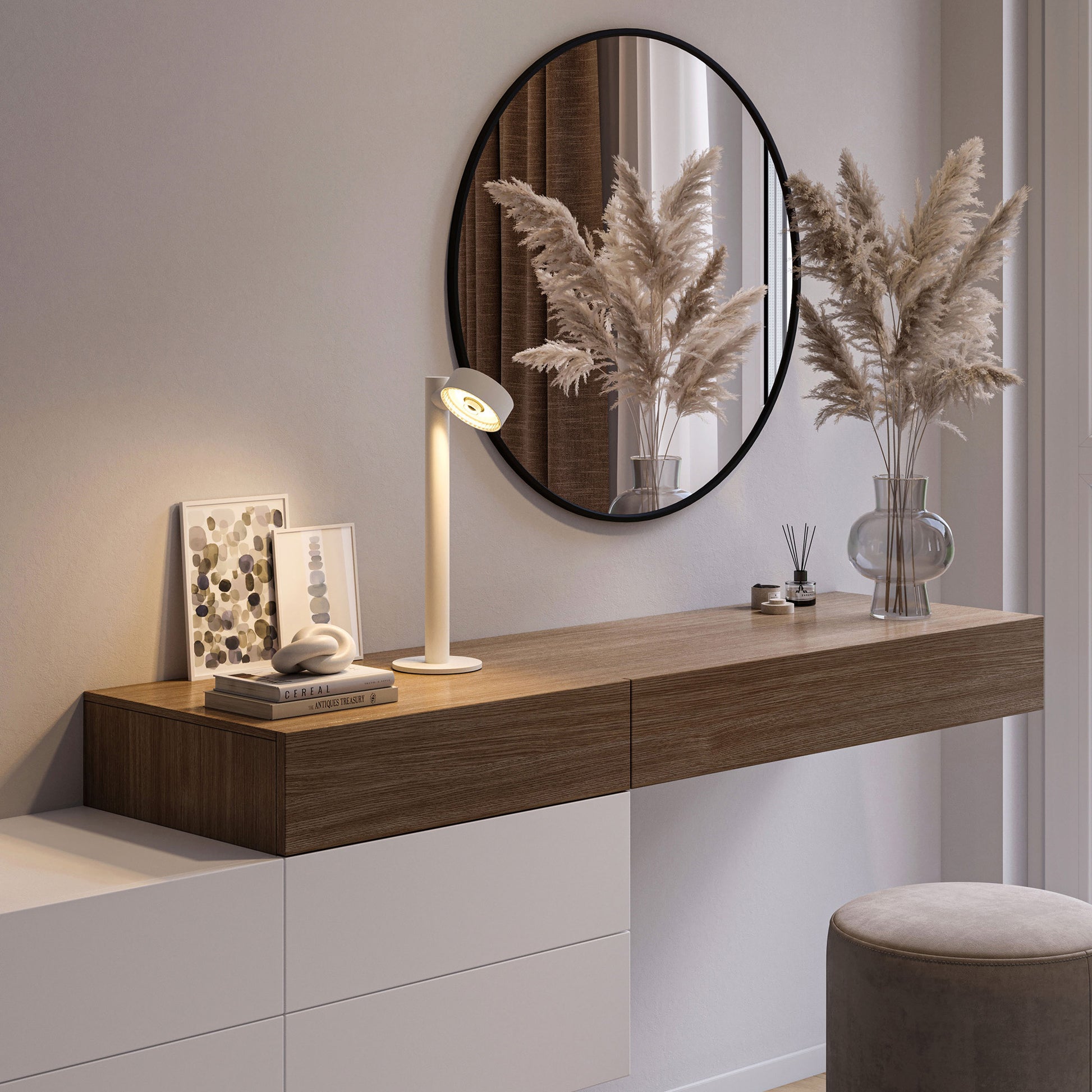 Sompex Ronda Oplaadbare Tafellamp Wit│art. 79061│op dressoir met licht aan