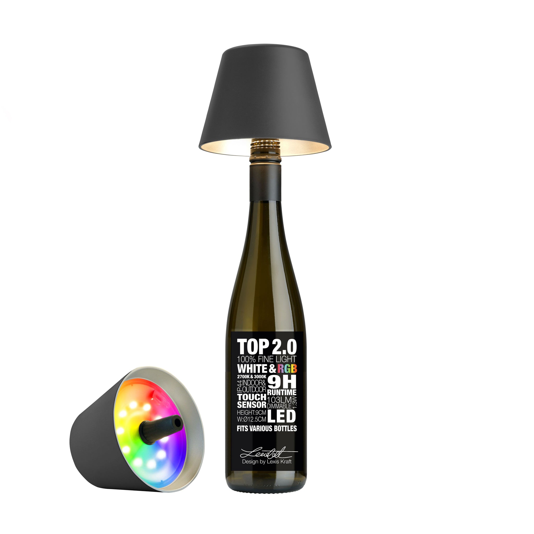 Sompex Top 2.0 oplaadbare Flessenlamp│Antraciet│Buitenverlichting│art. 72532│Voorkant met lamp op fles en naaast fles met RGB kleuren