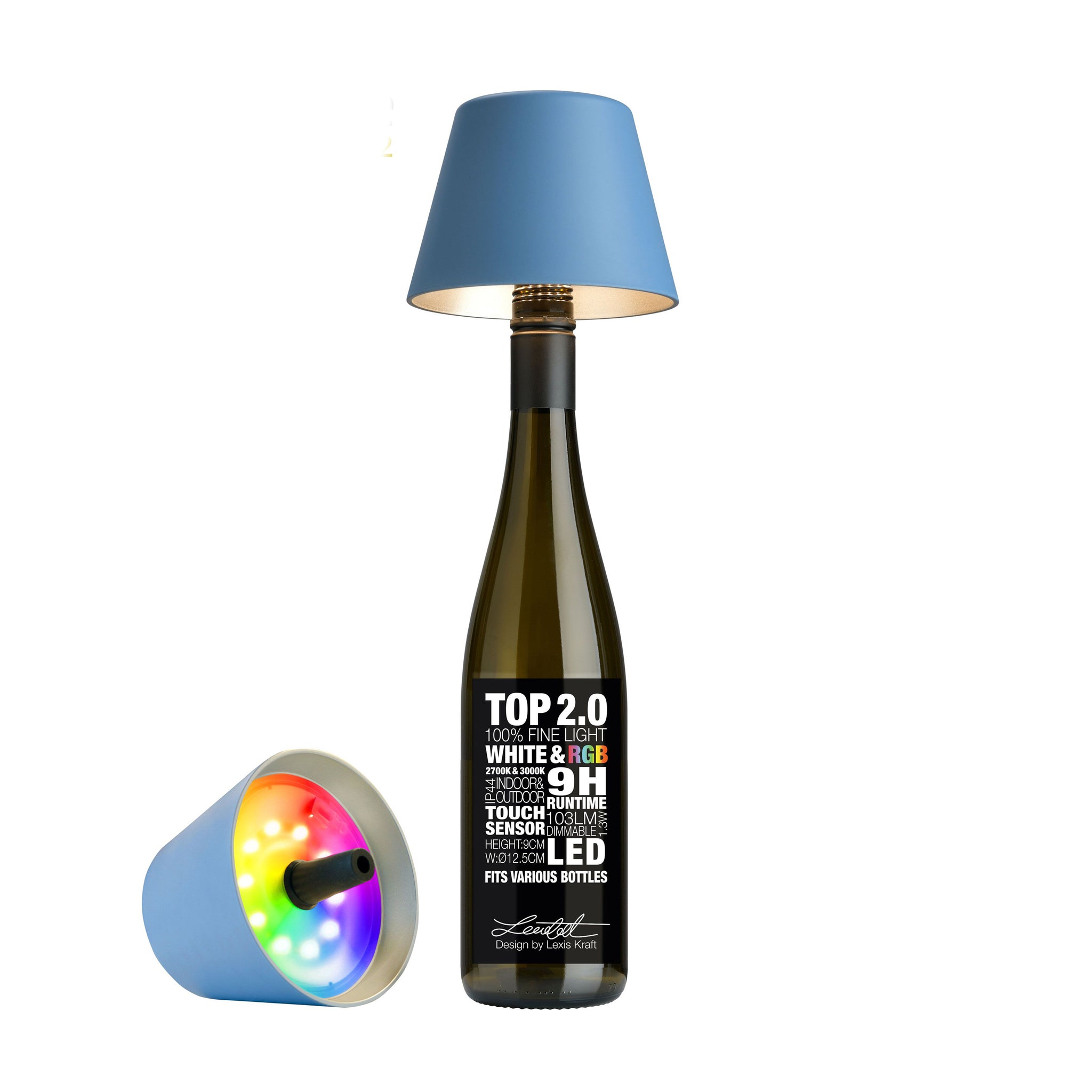 Sompex Top 2.0 Oplaadbare Flessenlamp│Blauw│Butenverlichting│art. 72522│op fles en liggend naast fles met RGB-verlichting aan