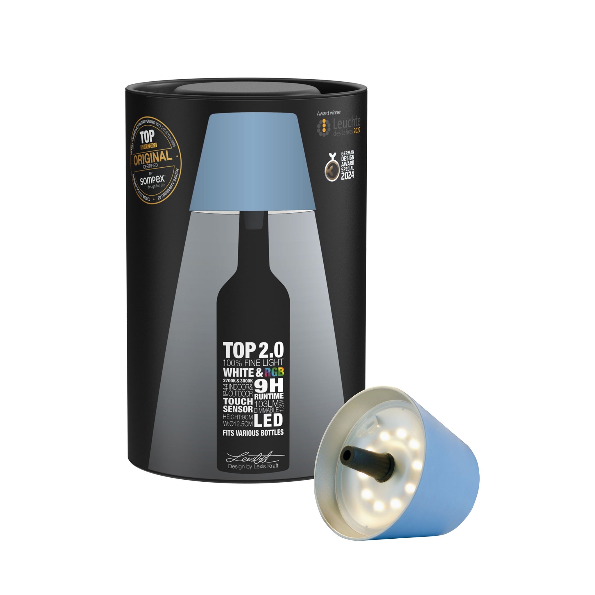 Sompex Top 2.0 Oplaadbare Flessenlamp│Blauw│Butenverlichting│art. 72522│verpakking