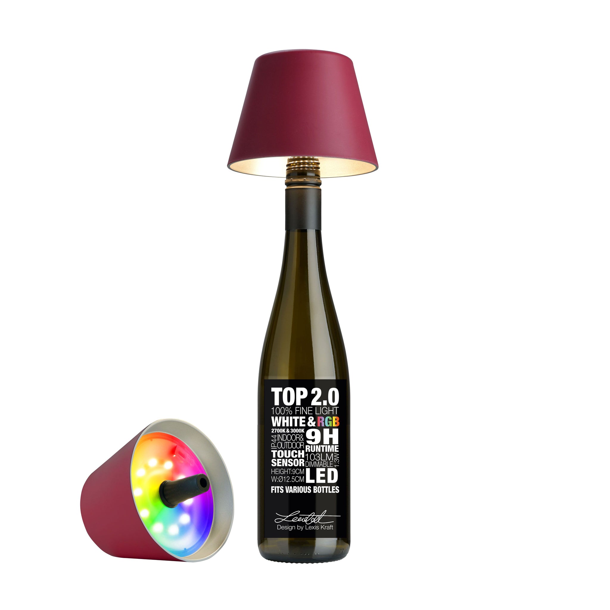 Sompex Top 2.0 Oplaadbare Flessenlamp│Bordeaux│Buitenverlichting│art. 72524│lamp op fles en naast fles met RGB verlichting aan