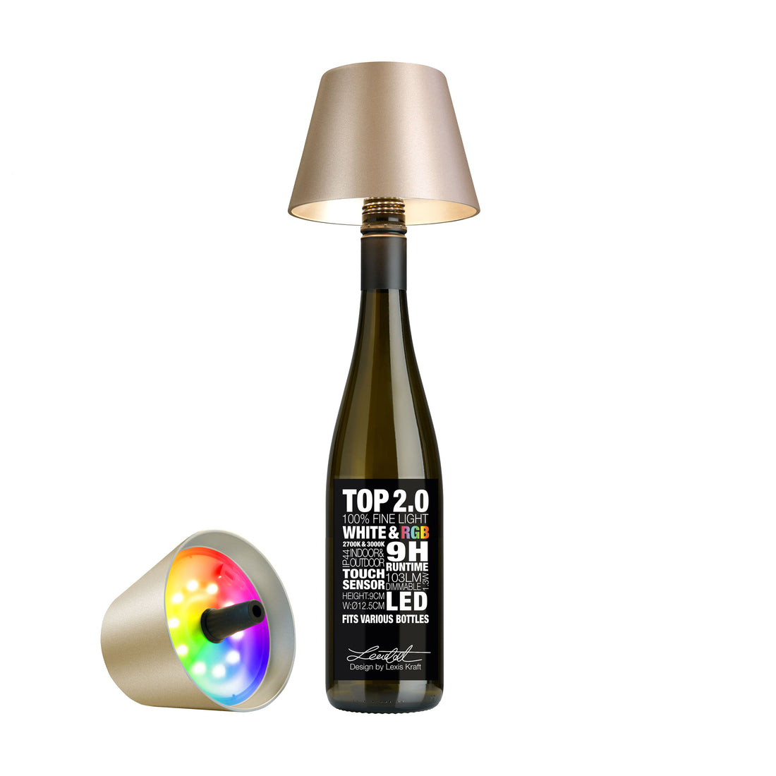Sompex Top 2.0 Champagne Metallic│art. 72540│vooraanzicht op fles met losse lamp