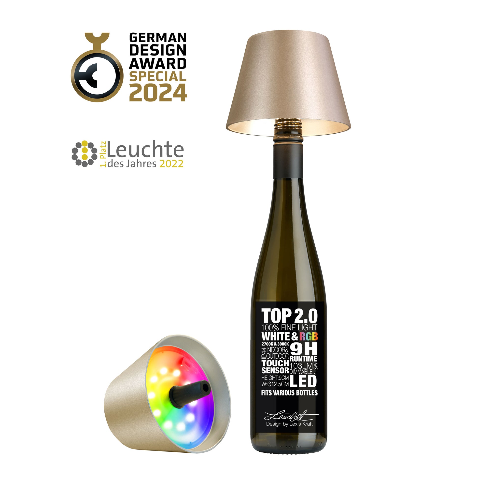 Sompex Top 2.0 Champagne Metallic│art. 72540│vooraanzicht met logo's Awards