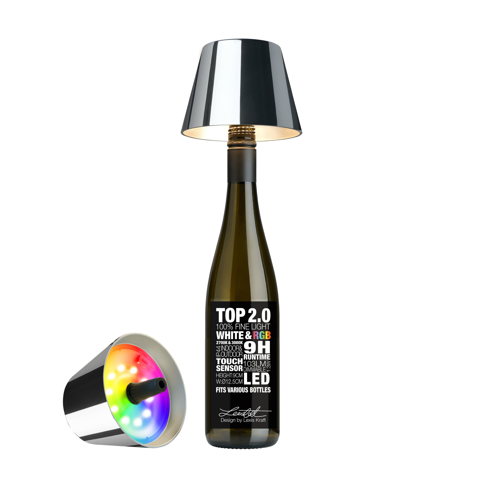 Sompex Top 2.0 Oplaadbare Flessenlamp Chrome│Buitenverllichting│art. 72550│voorkant met witte achtergrond en lamp op fles en liggend naast fles 