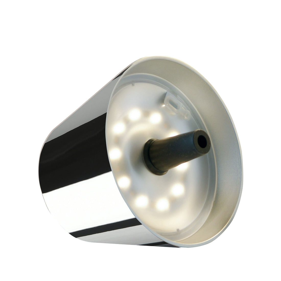 Sompex Top 2.0 Oplaadbare Flessenlamp Chrome│Buitenverllichting│art. 72550│voorkant met witte achtergrond en lamp op fles en liggend naast fles 