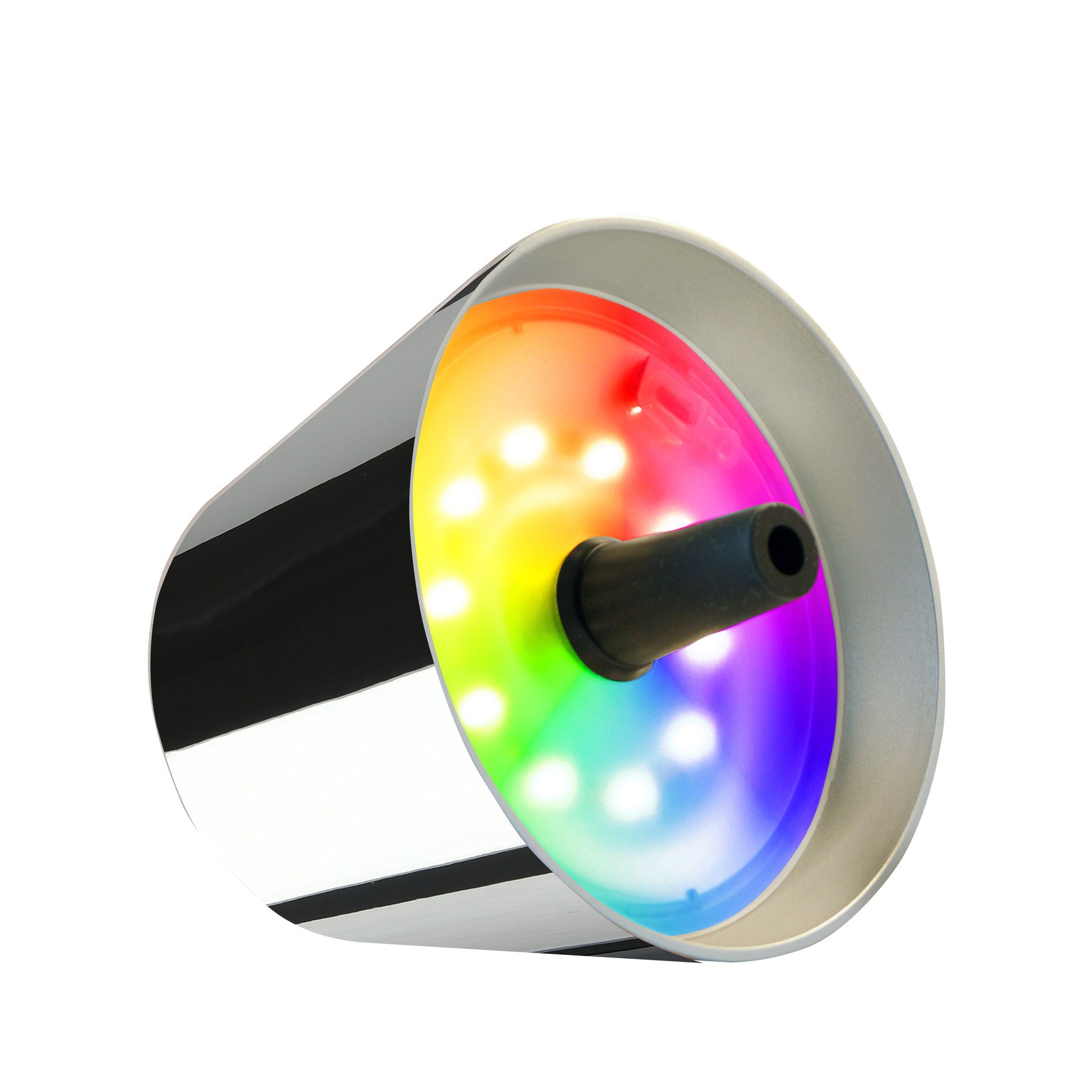 Sompex Top 2.0 Oplaadbare Flessenlamp Chrome│Buitenverllichting│art. 72550│liggend op zijkant met multicolour