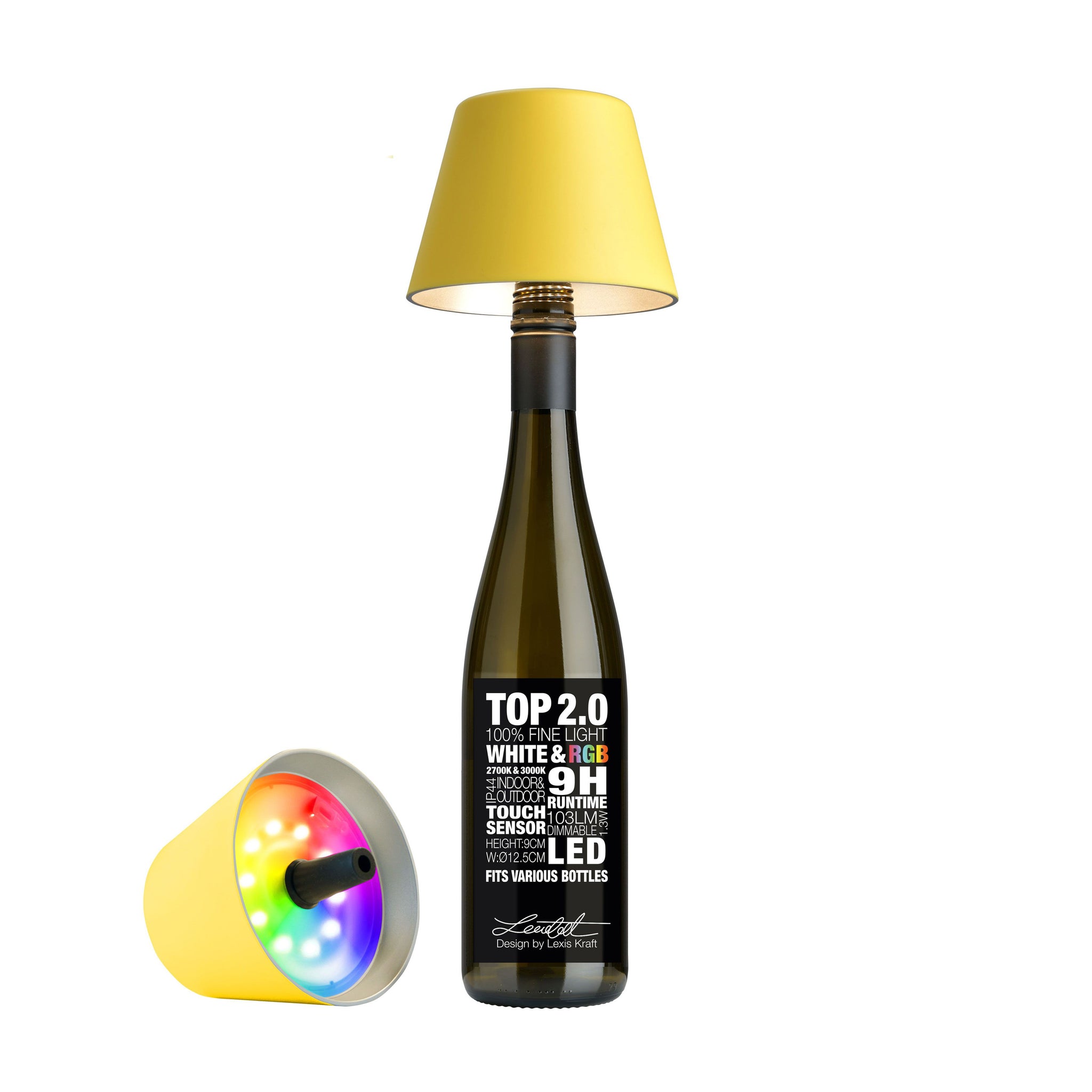 Sompex Top 2.0 Oplaadbare Flessenlamp│Geel│Buitenverlichting│art. 72526│Voorkant met lamp op fles en liggend naast fles met RGB verlichting