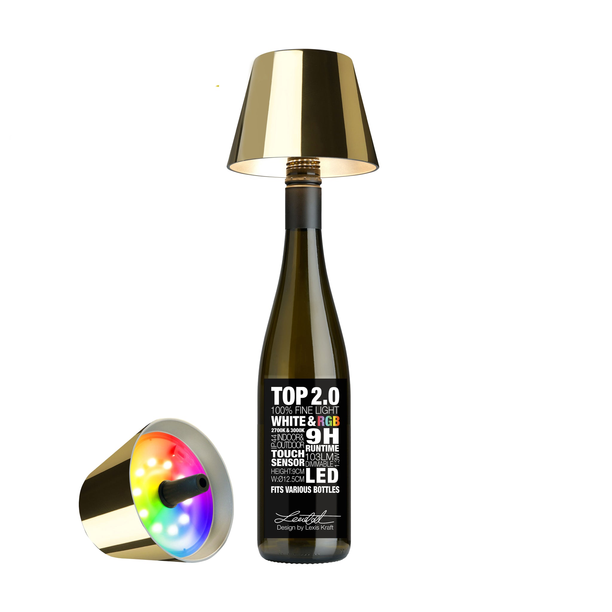 Sompex Top 2.0 Goud│Oplaadbare Flessenlamp│art. 72551│voorkant met witte achtergrond lamp op fles en liggend naast fles