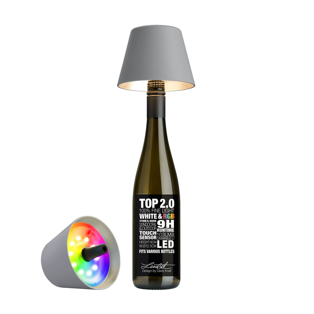 Sompex Top 2.0 Oplaadbare Flessenlamp│Grijs│Buitenverlichting│art. 72533│op fles en liggend naast fles met RGB kleuren aan