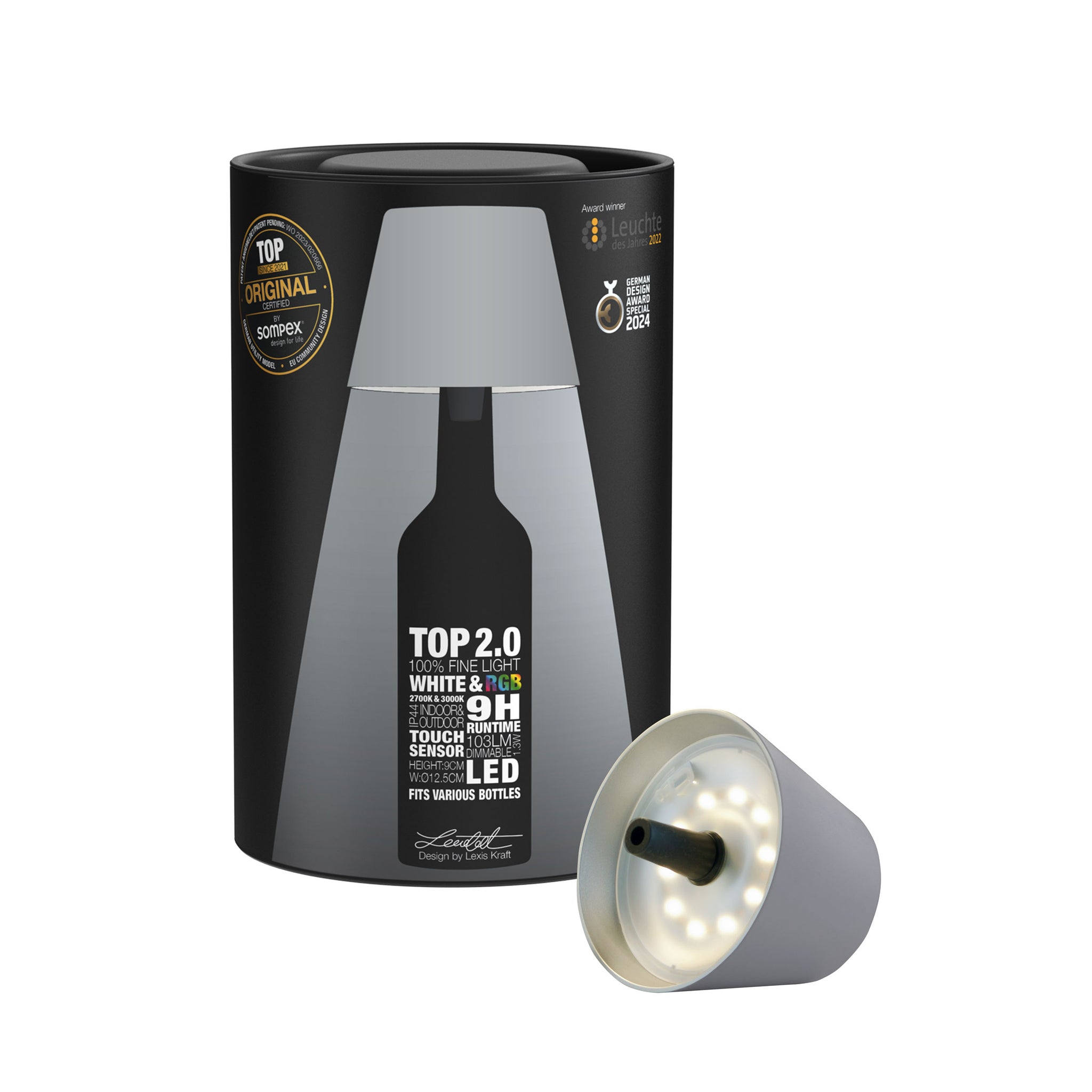 Sompex Top 2.0 Oplaadbare Flessenlamp│Grijs│Buitenverlichting│art. 72533│verpakking