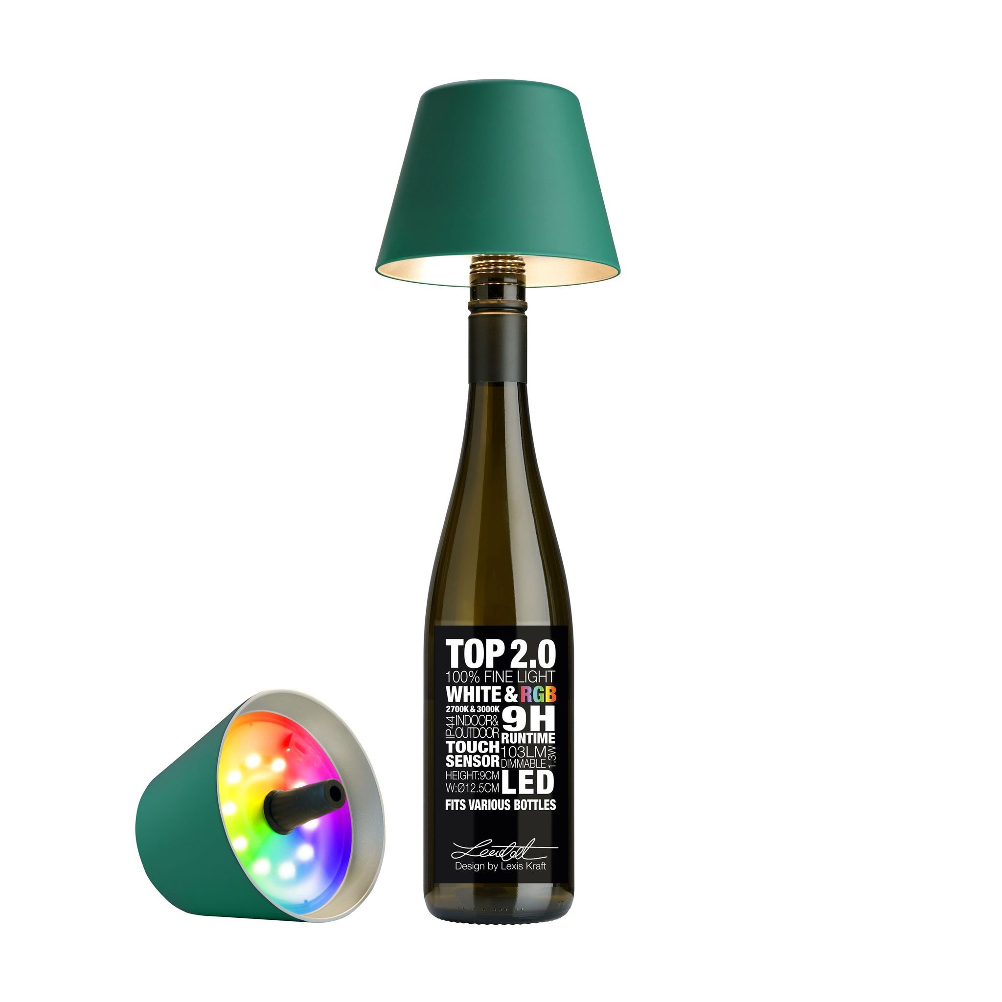 Sompex Top 2.0 Oplaadbare Flessenlamp│Groen│Buitenverlichting│art.72527│lamp op fles en liggend naast fles met RGB-kleuren verlichting
