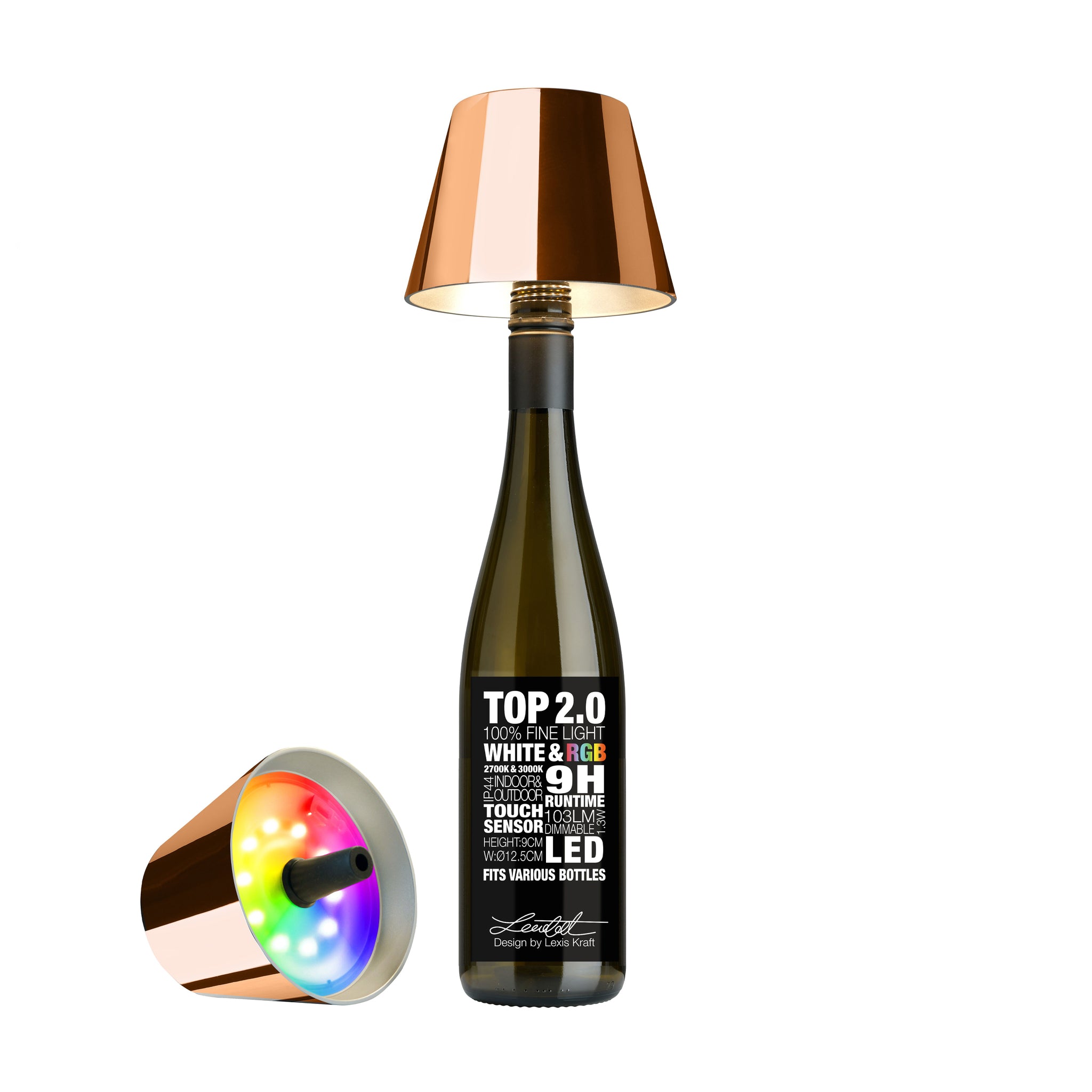 Sompex Top 2.0 Oplaadbare Flessenlamp Koper│Buitenverlichting│art. 72552│voorkant met lamp op fles en liggend naast fles met gekleurd licht
