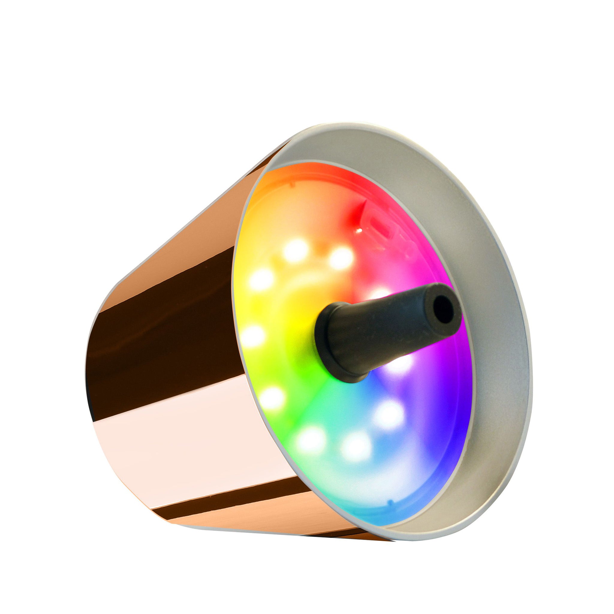 Sompex Top 2.0 Oplaadbare Flessenlamp Koper│Buitenverlichting│art. 72552│liggend op zijkant met gekleurde verlichting aan