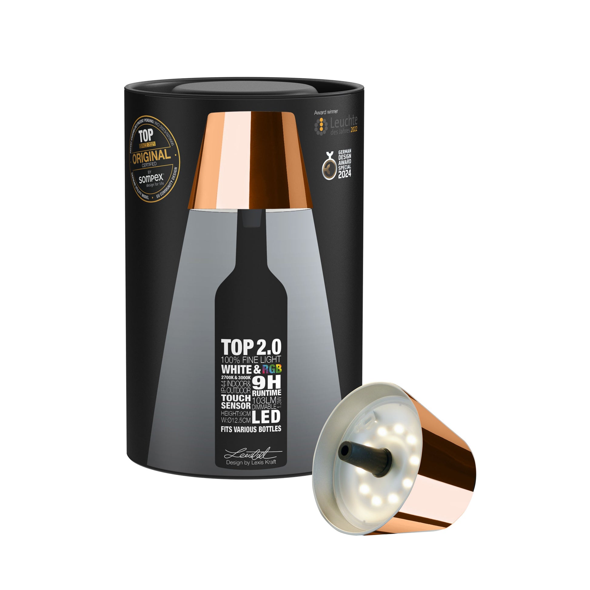 Sompex Top 2.0 Oplaadbare Flessenlamp Koper│Buitenverlichting│art. 72552│verpakking