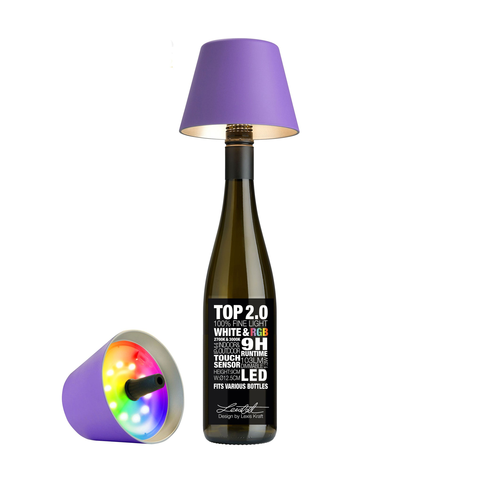 Sompex Top 2.0 Oplaadbare Flessenlamp│Lila│Buitenverlichting│art. 72531│lamp op fles en liggend naast fles met RGB kleuren aan