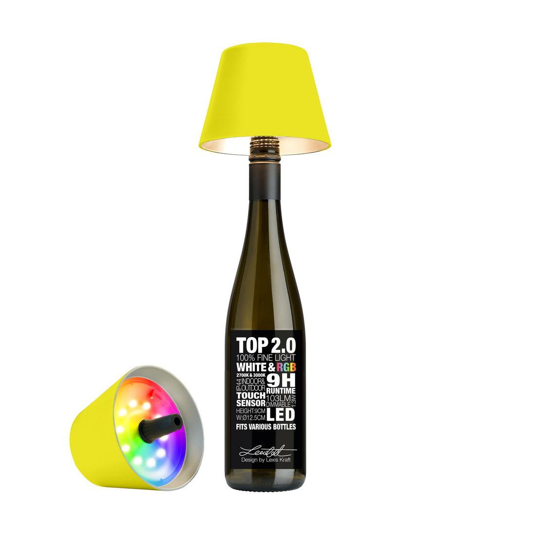 Sompex Top 2.0 Neon Geel│Oplaadbare Flessenlamp│art.72538│vooraanzicht met witte achtergrond