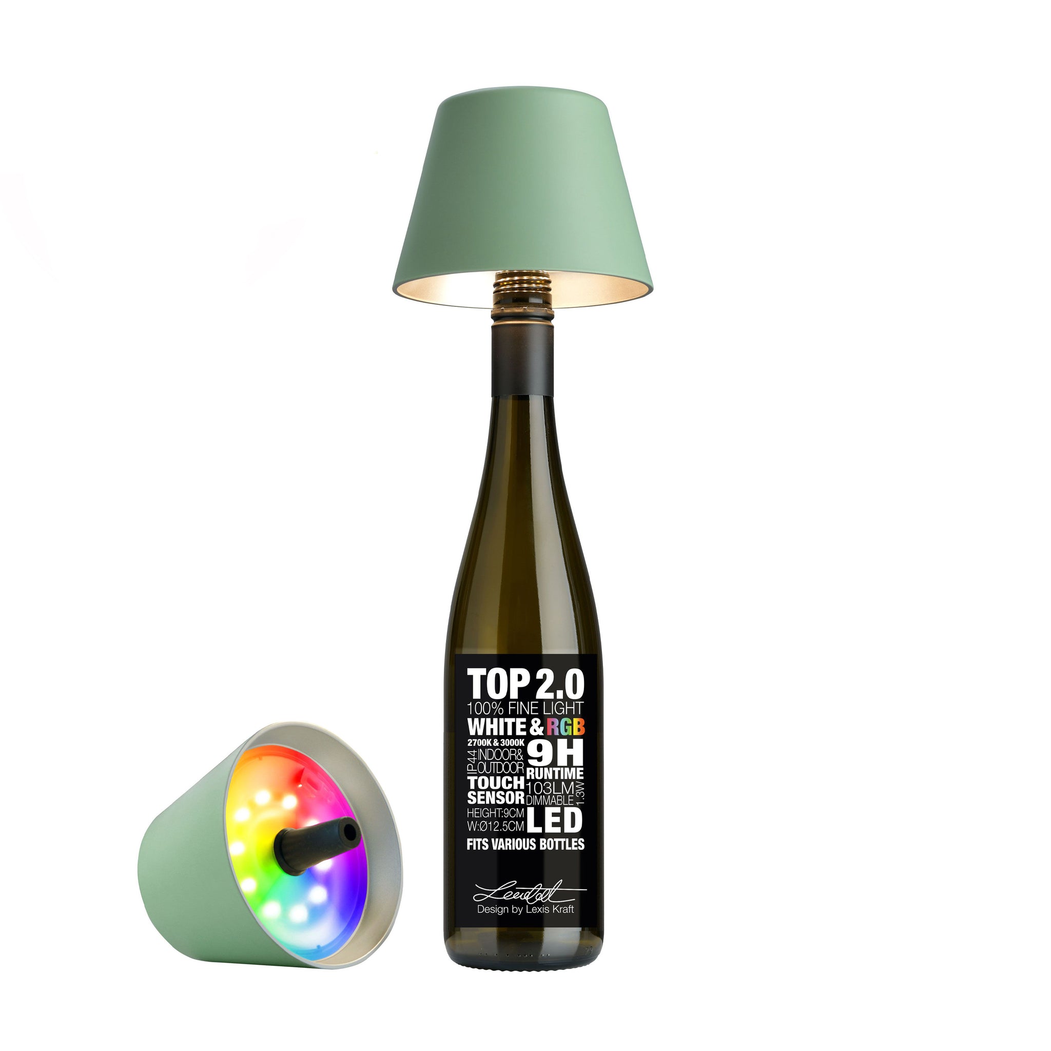 Sompex Top 2.0 Oliv│Oplaadbare Flessenlamp│Buitenverlichting│art. 72523│lamp op fles en liggend naast fles