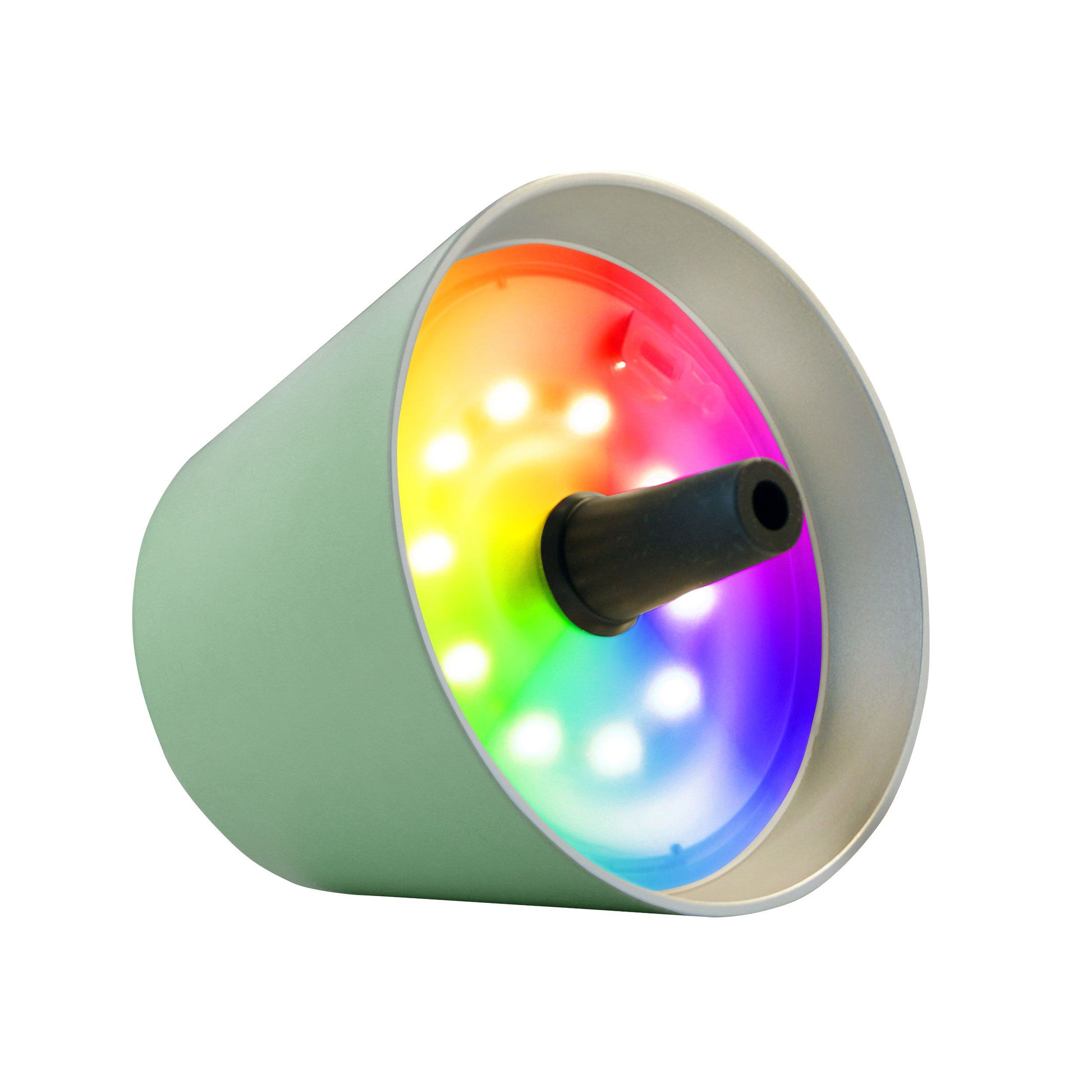 Sompex Top 2.0 Oliv│Oplaadbare Flessenlamp│Buitenverlichting│art. 72523│losse lamp liggend met gekleurde verlichting aan