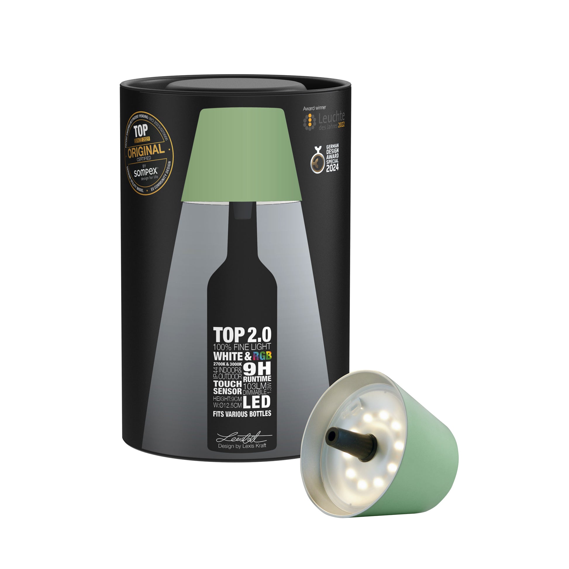 Sompex Top 2.0 Oliv│Oplaadbare Flessenlamp│Buitenverlichting│art. 72523│verpakking
