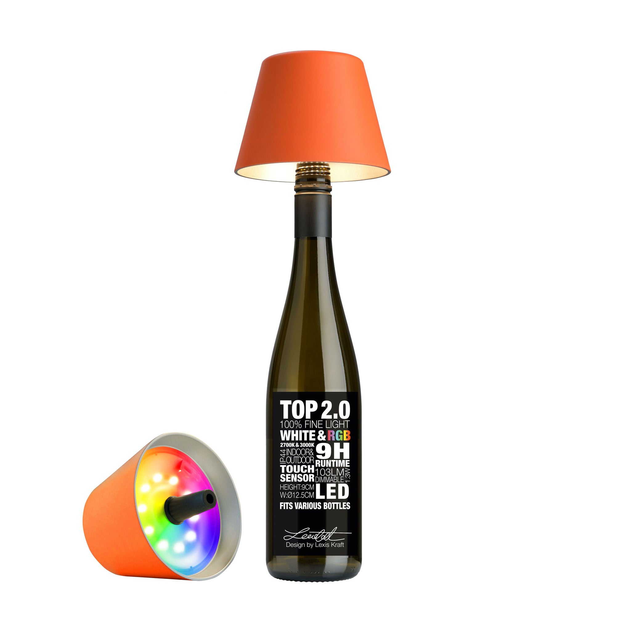 Sompex Top 2.0 Oplaadbare Flessenlamp│Oranje│Buitenverlichting│art. 72525│lamp op fles en liggend naast fles met RGB kleuren verlichting aan