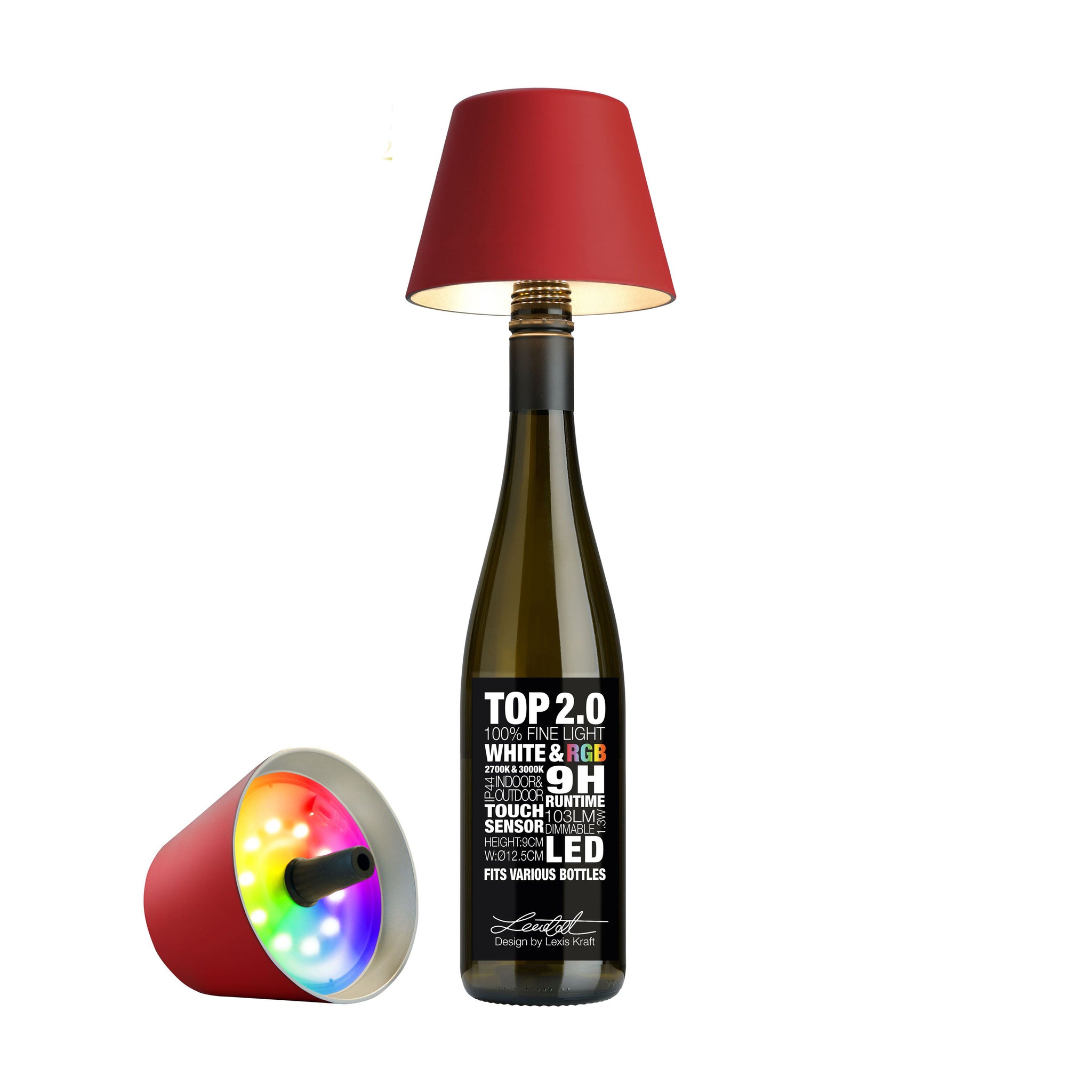 Sompex Top 2.0 Oplaadbare Flessenlamp│Rood│Buitenverlichting│art. 72530│Lamp op fles en liggend naast fles met RGB kleuren aan