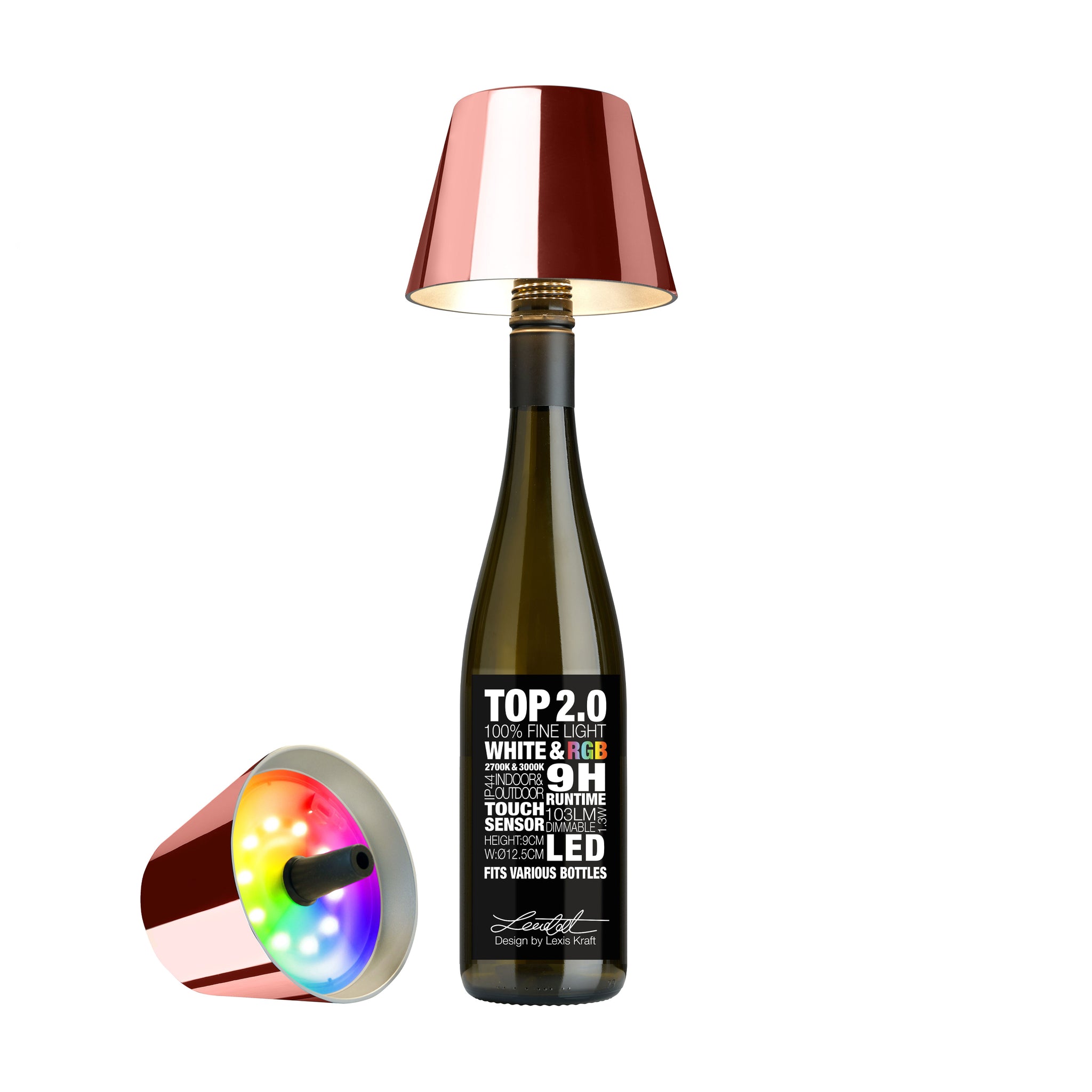 Sompex Top 2.0 Oplaadbare Flessenlamp Rosé Goud│art. 72554│voorkant met lamp op fles en liggend naast fles met gekleurd licht