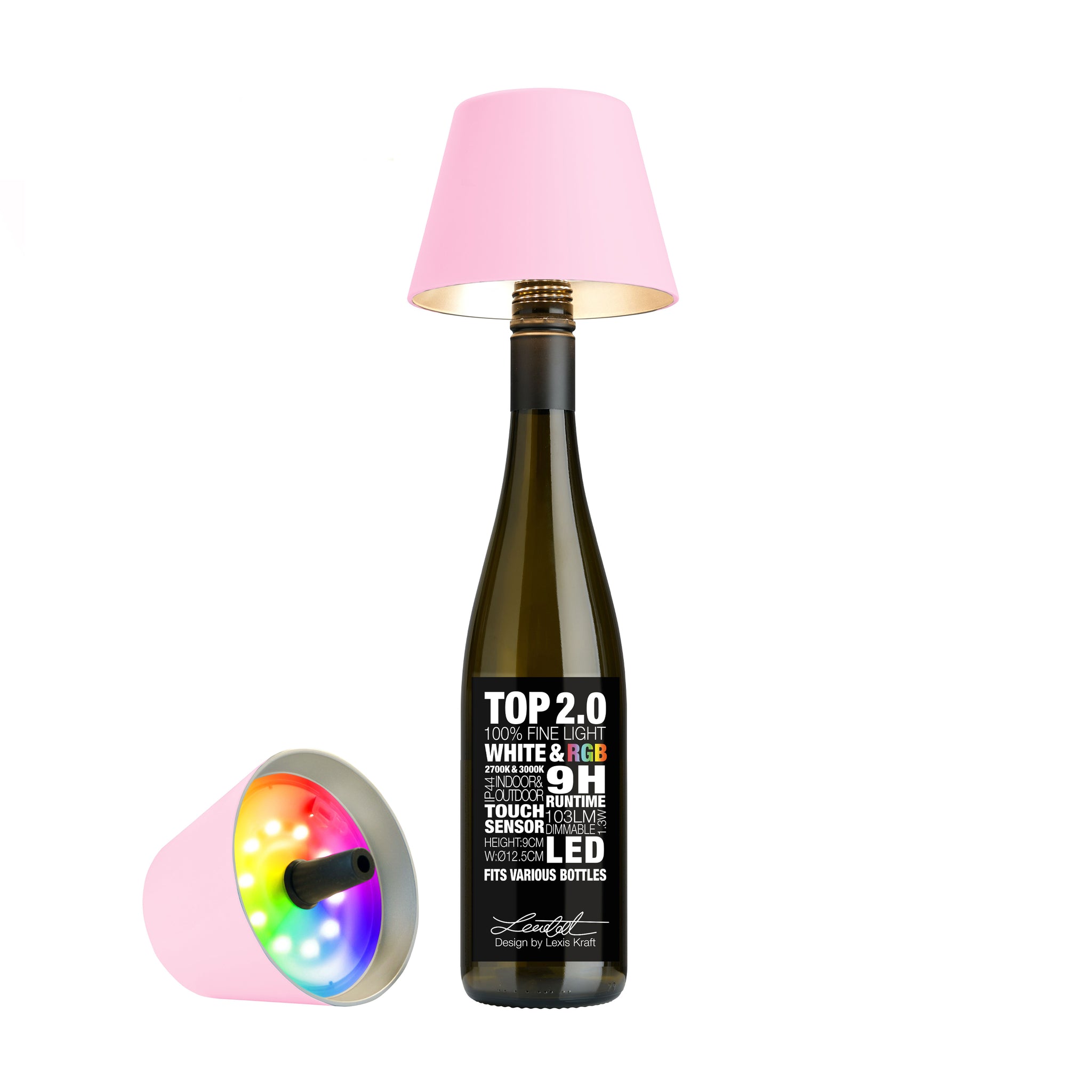 Sompex Top 2.0 Roze│Oplaadbare Flessenlamp│art. 72535│voorkant met lamp op fles en lamp liggend naast fles