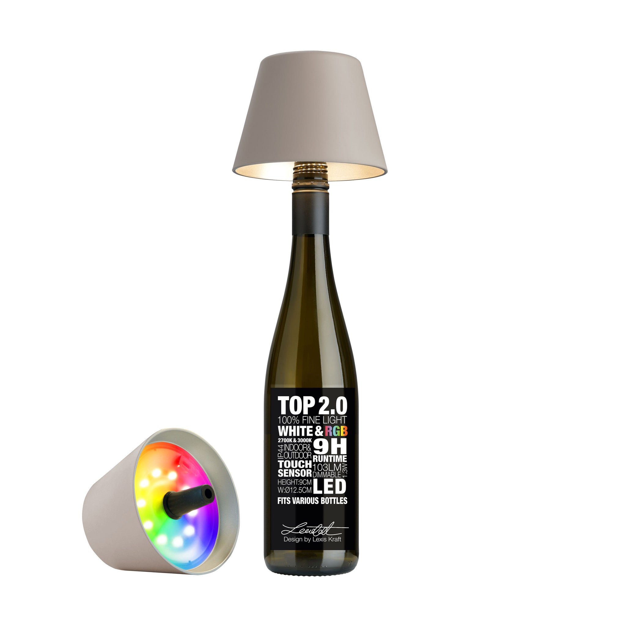 Sompex Top 2.0 Oplaadbare Flessenlamp│Sand│Buitenverlichting│art. 72528│lamp op fles en naast fles met RGB verlichting aan