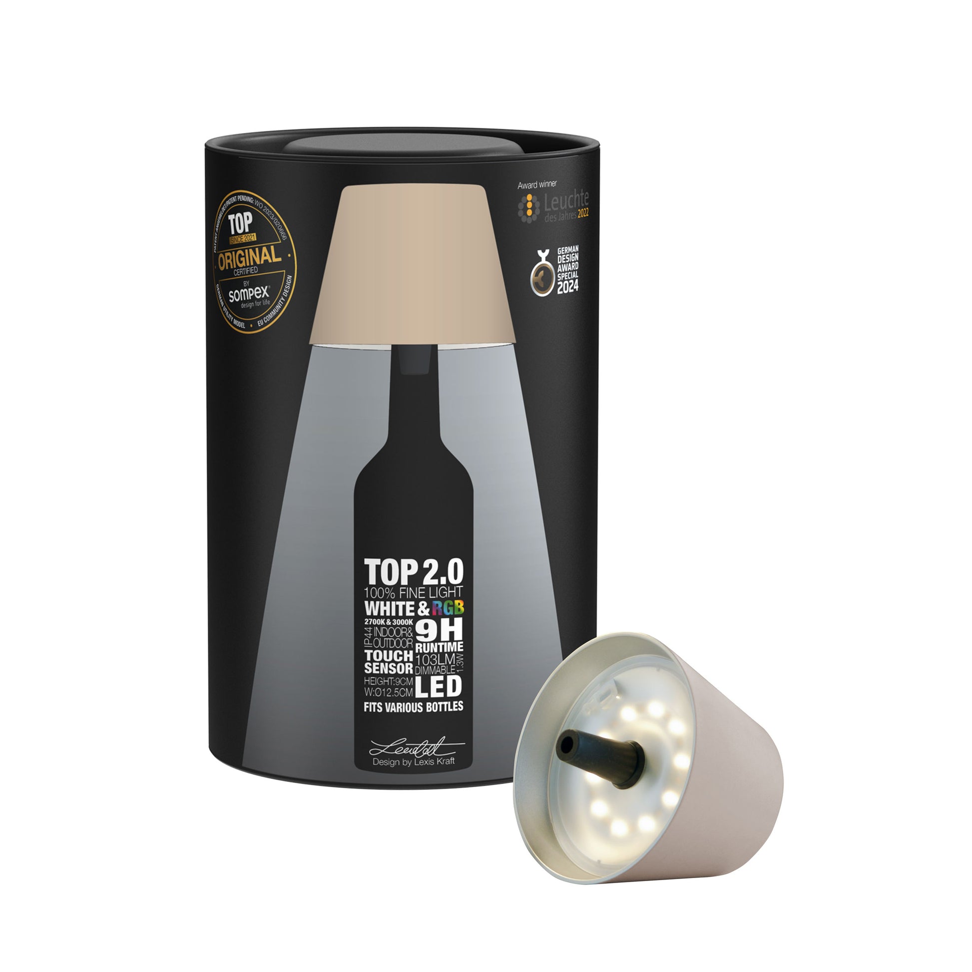 Sompex Top 2.0 Oplaadbare Flessenlamp│Sand│Buitenverlichting│art. 72528│verpakking