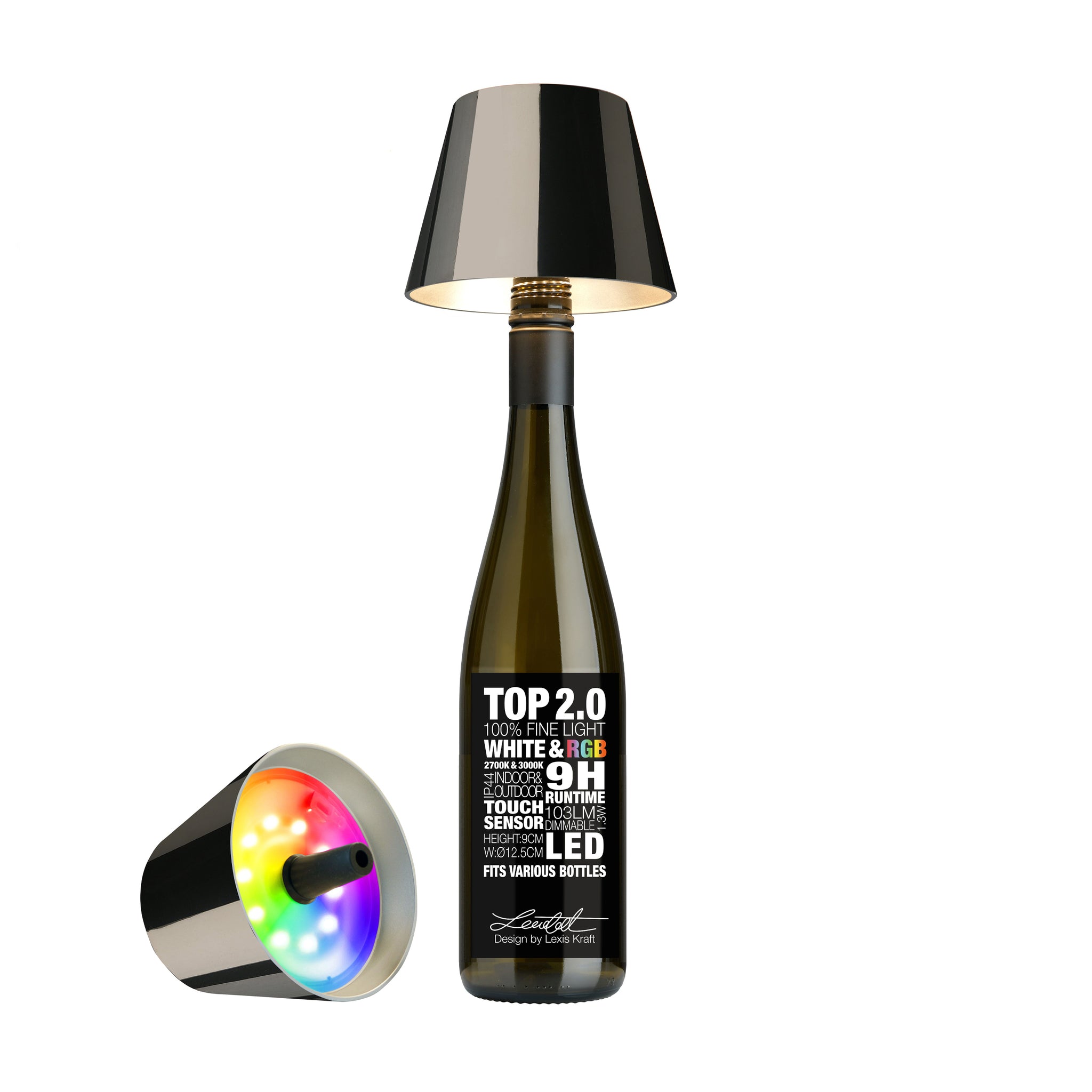 Sompex Top 2.0 Oplaadbare Flessenlamp Space Grey│Buiten verlichting│art. 72553│voorkant met lamp op fles en liggend naast fles met gekleurd licht