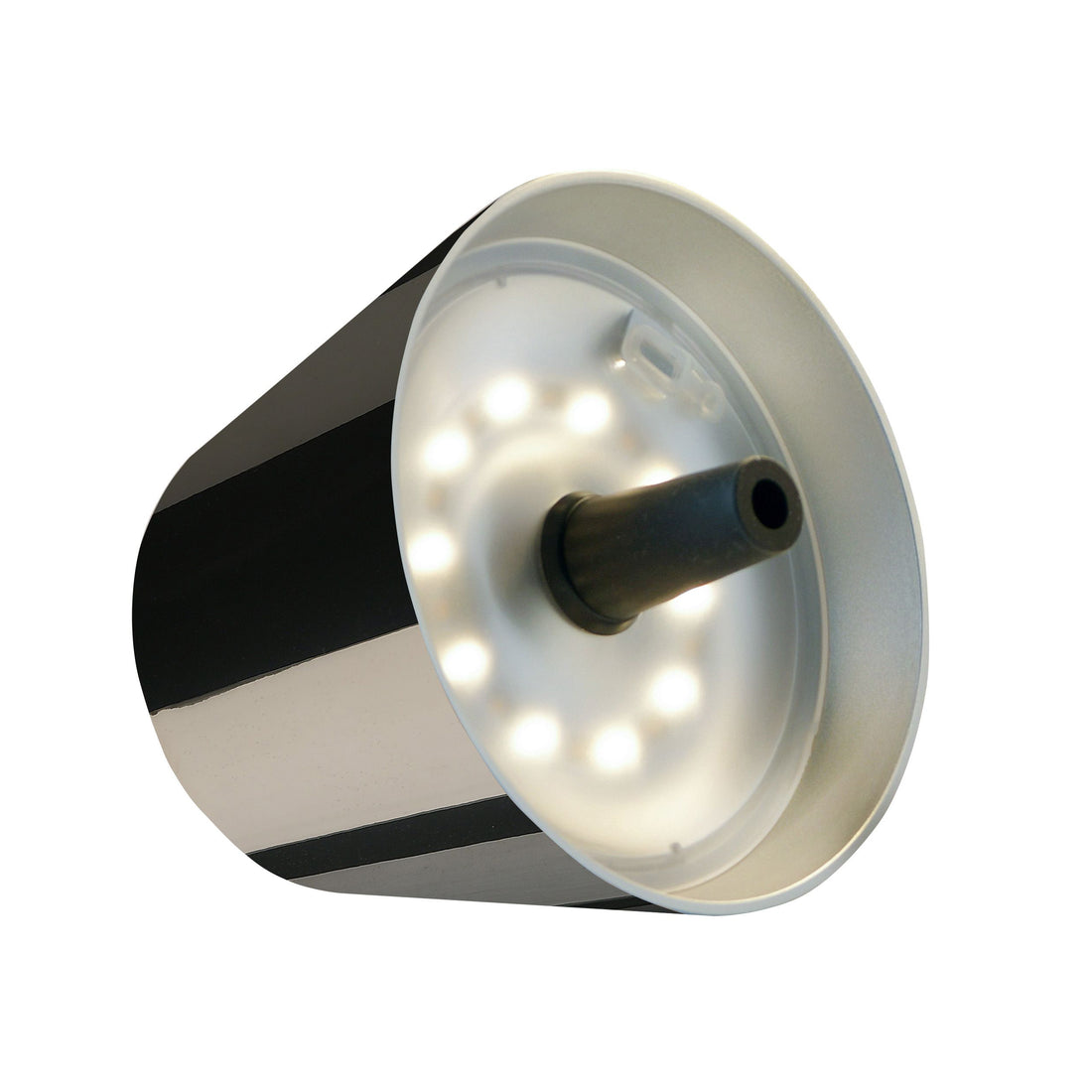 Sompex Top 2.0 Oplaadbare Flessenlamp Space Grey│Buiten verlichting│art. 72553│voorkant met lamp op fles en liggend naast fles met gekleurd licht