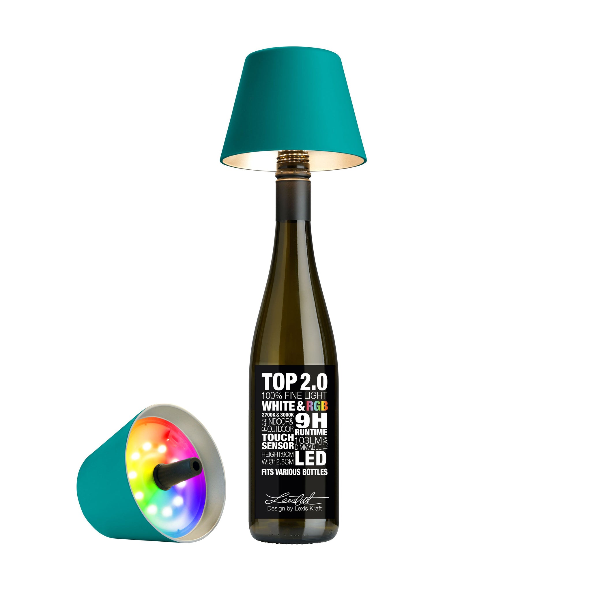 Sompex Top 2.0 Oplaadbare Flessenlamp│Turqouise│art. 72534│Buitenverlichting│Op fles en liggend naast fles met RGB kleuren aan